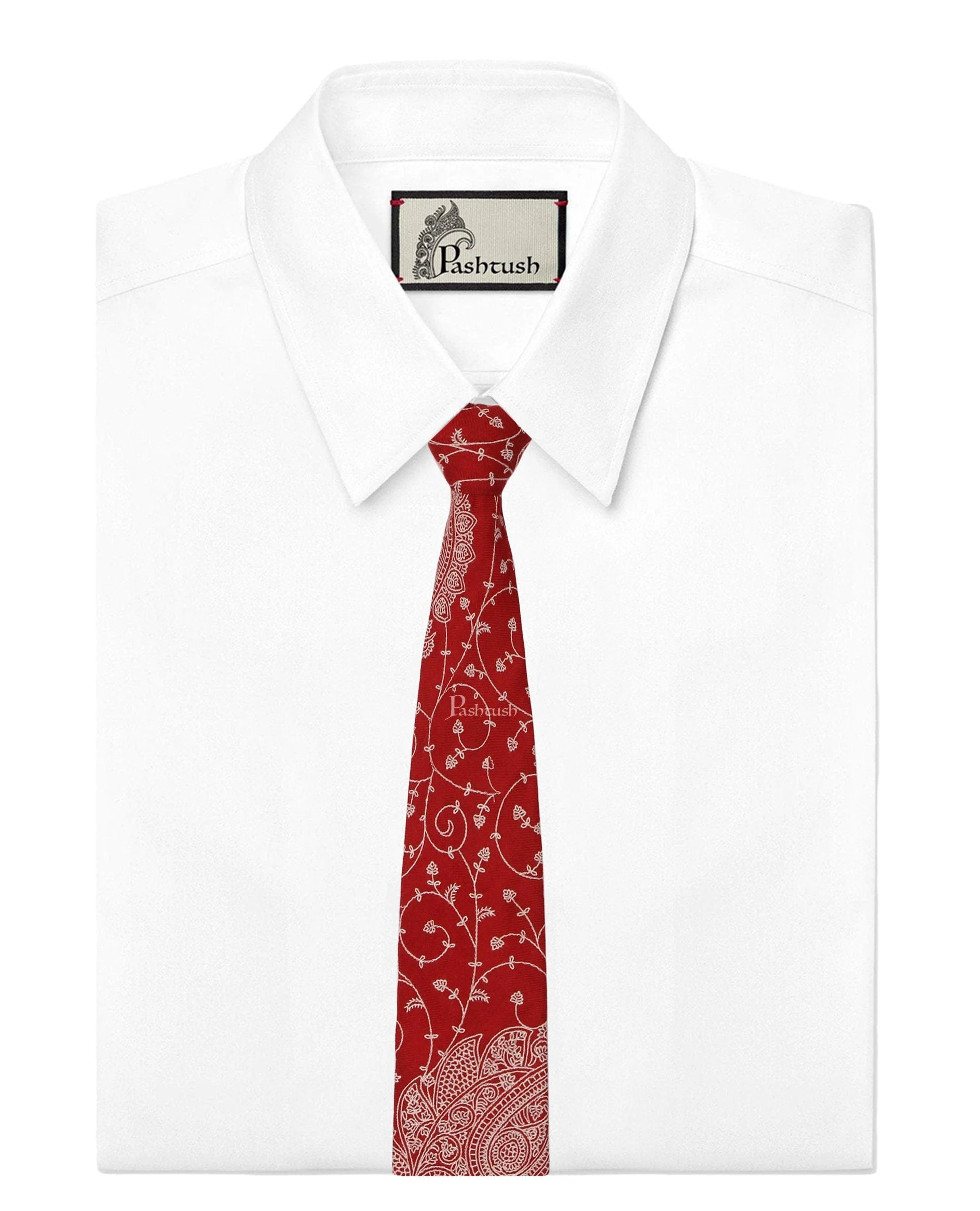 Pashtush mens Fine Wool tie, Embroidered design, Red - Image 5