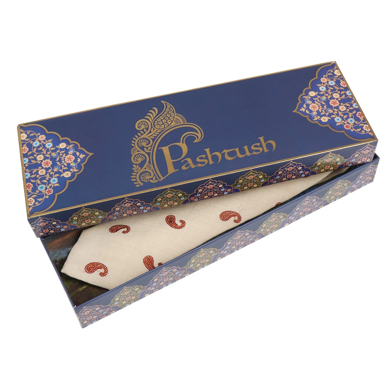 Pashtush mens Fine Wool tie, Embroidered Paisley design, Beige - Image 2