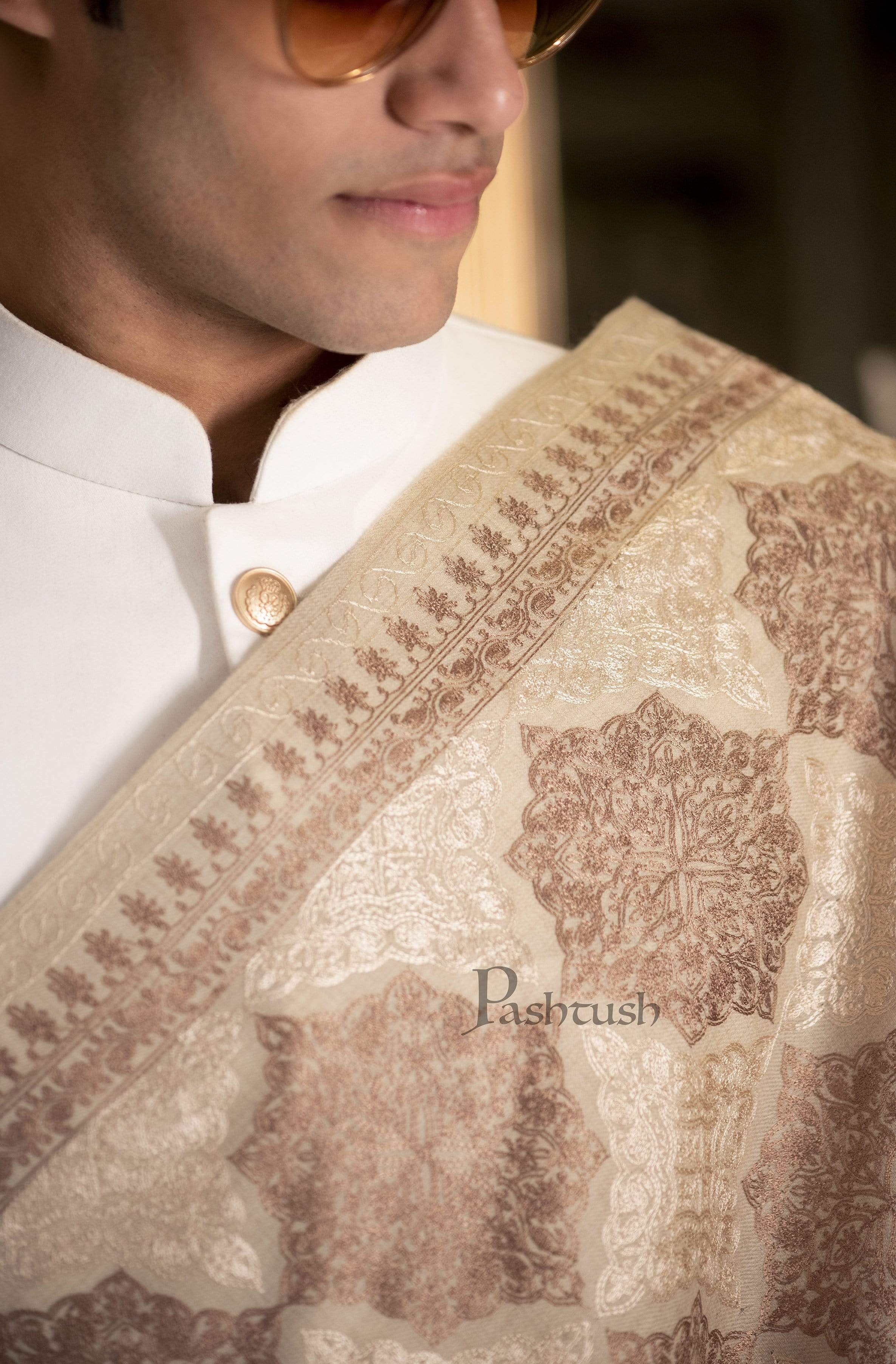 Pashtush Mens Silky Nalki Embroidery Needlework 100% Pure Wool With Woolmark Certificate Stole, White - Image 7