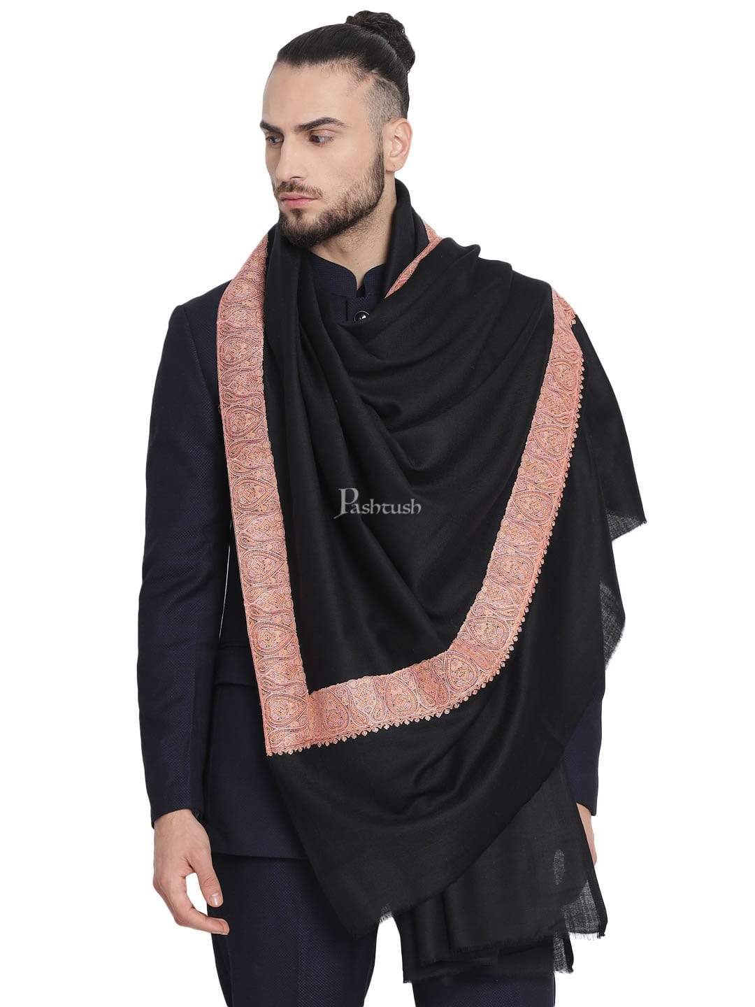Pashtush Mens Hand Embroidery Stole, 100% Pure Wool Stole, Black - Image 3
