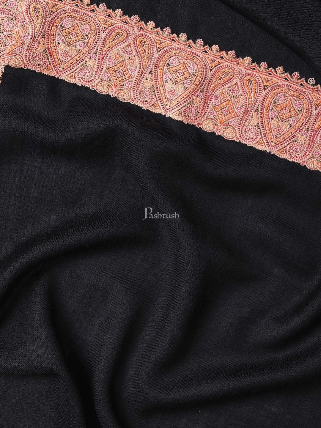 Pashtush Mens Hand Embroidery Stole, 100% Pure Wool Stole, Black - Image 6