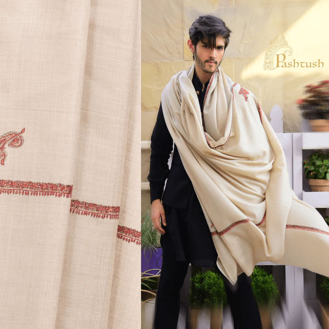 Pashtush Mens Hand Embroidery Shawl, Woollen Shawl With Kingri Design, Full Size (Beige) - Image 3