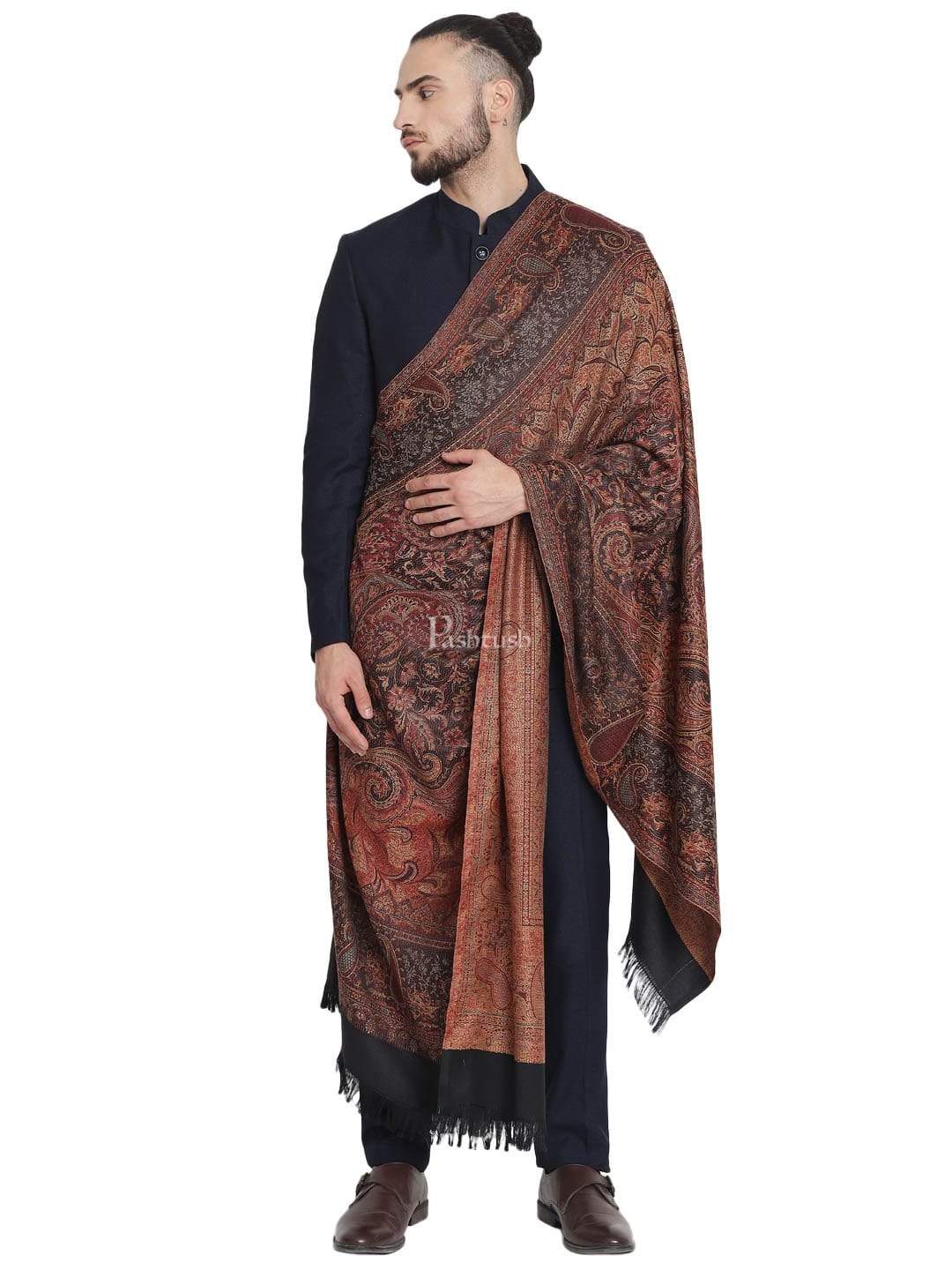 Pashtush Mens Jamawar Stole, Faux Pashmina, Black - Image 7