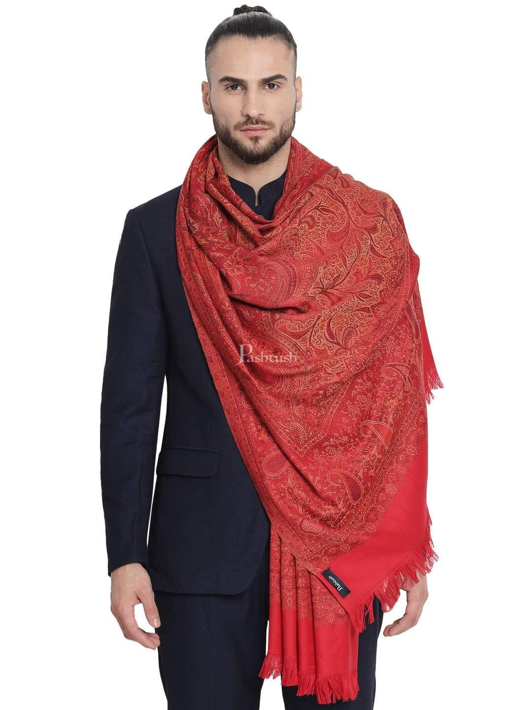Pashtush Mens Jamawar Stole, Faux Pashmina, maroon - Image 3