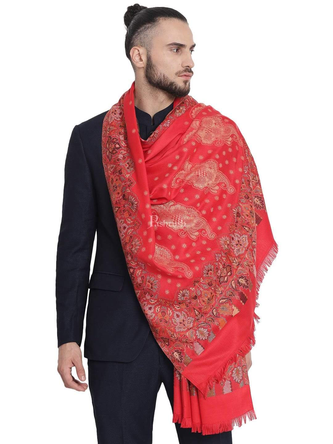Pashtush Mens Jamawar Stole, Soft Faux Pashmina Red - Image 5