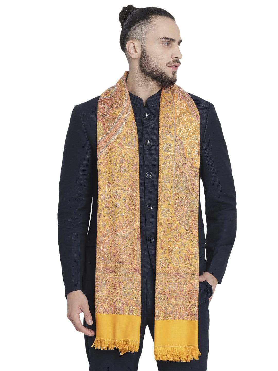 Pashtush Mens Jamawar Stole With Hand Aari Embroidery, Silky Threadwork - Soft Faux Mustard - Image 5