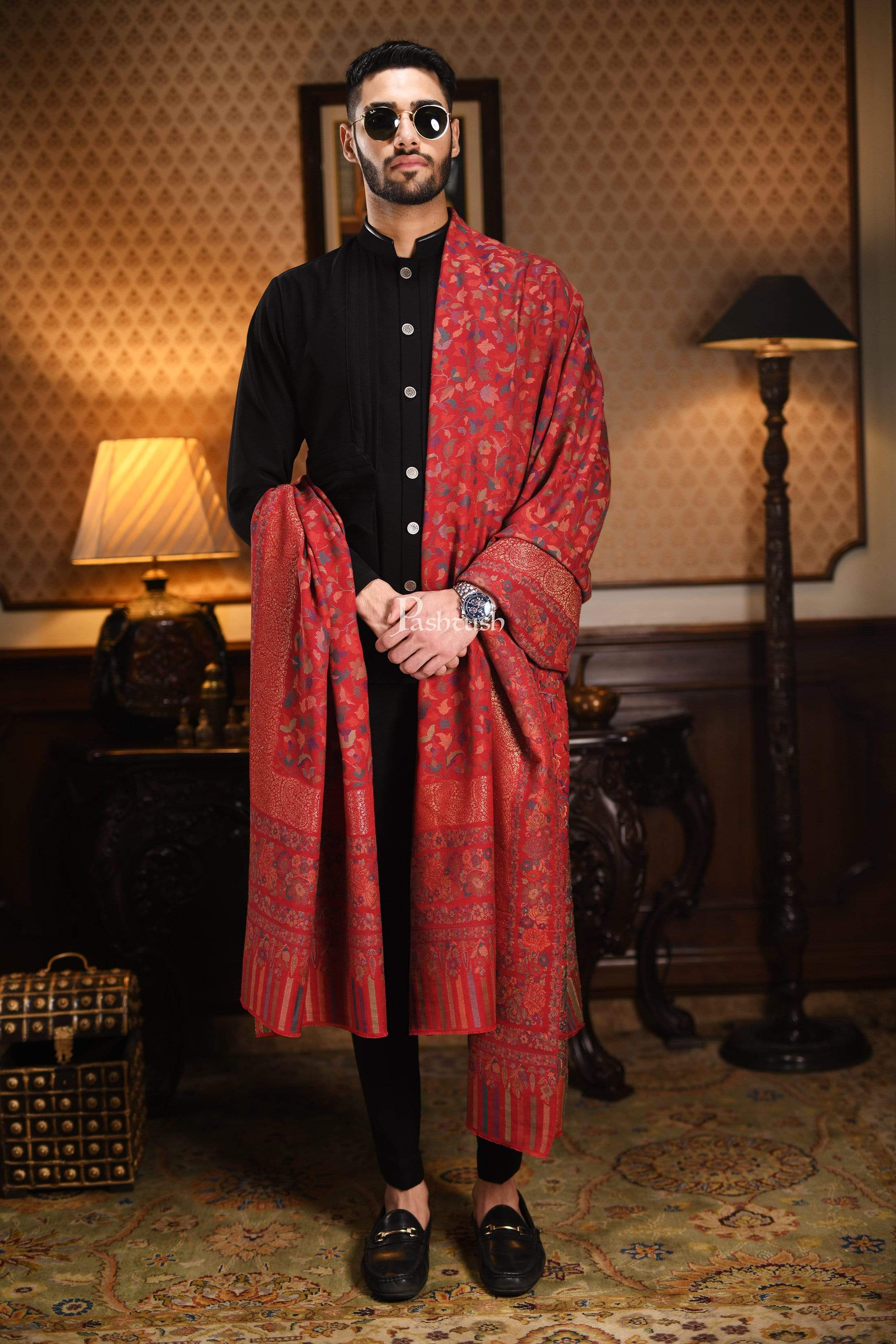 Pashtush Mens Ethnic Shawl, Mens Lohi , Full Size, Fine Wool, With Metallic Weave , Maroon - Image 4