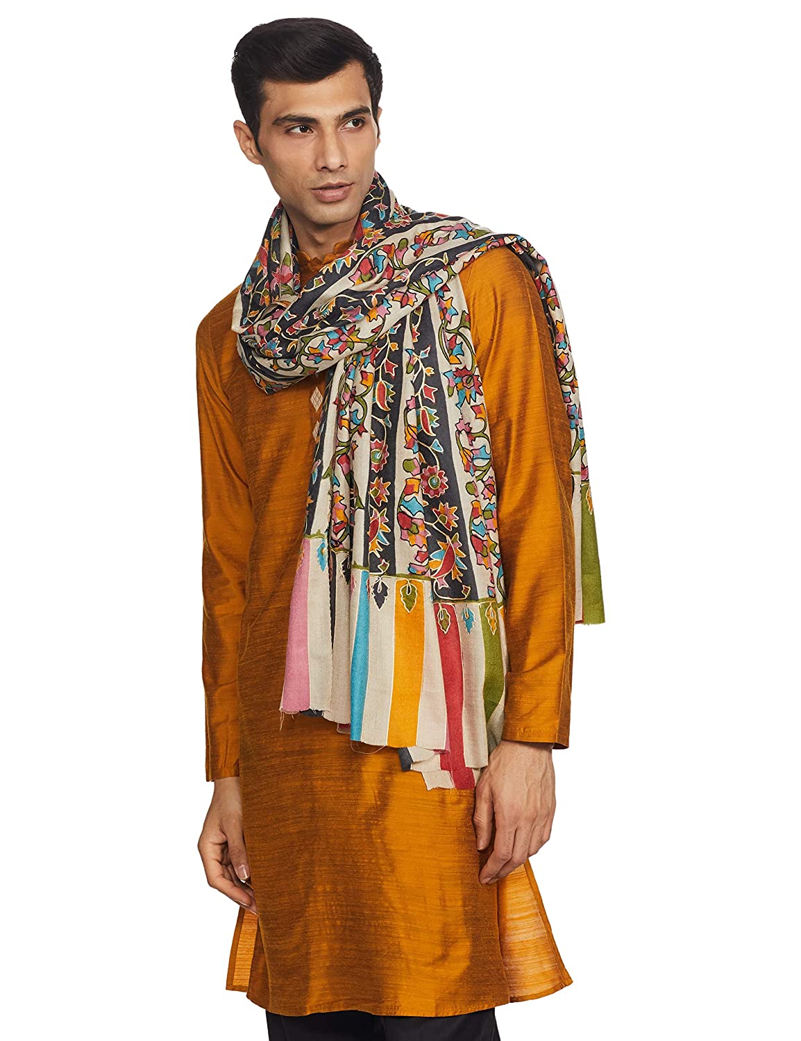 Pashtush Mens Kalamkari Outline Embroidery Shawl, Ethnic Painted Design, Fine Wool - Image 6