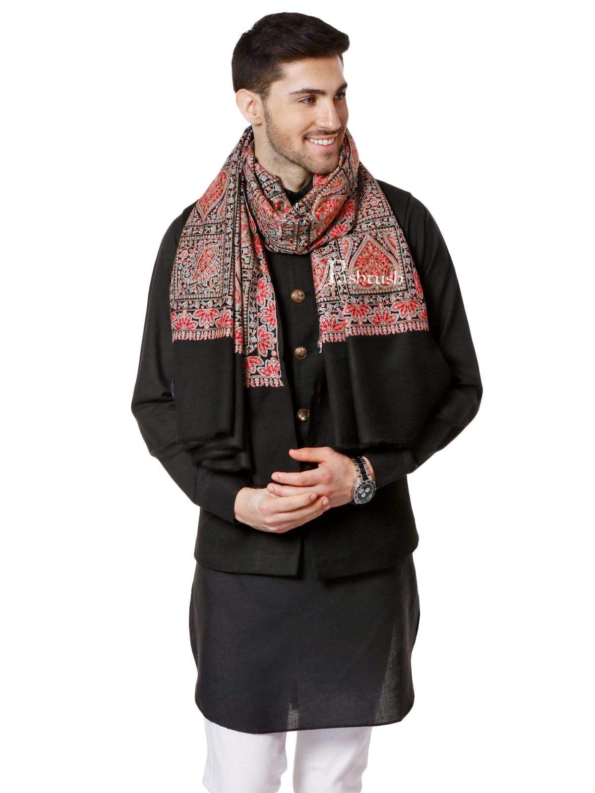 Pashtush Mens Embroidery Pure Stole, Fineembroidery, Intricate Needlework, Black - Image 5