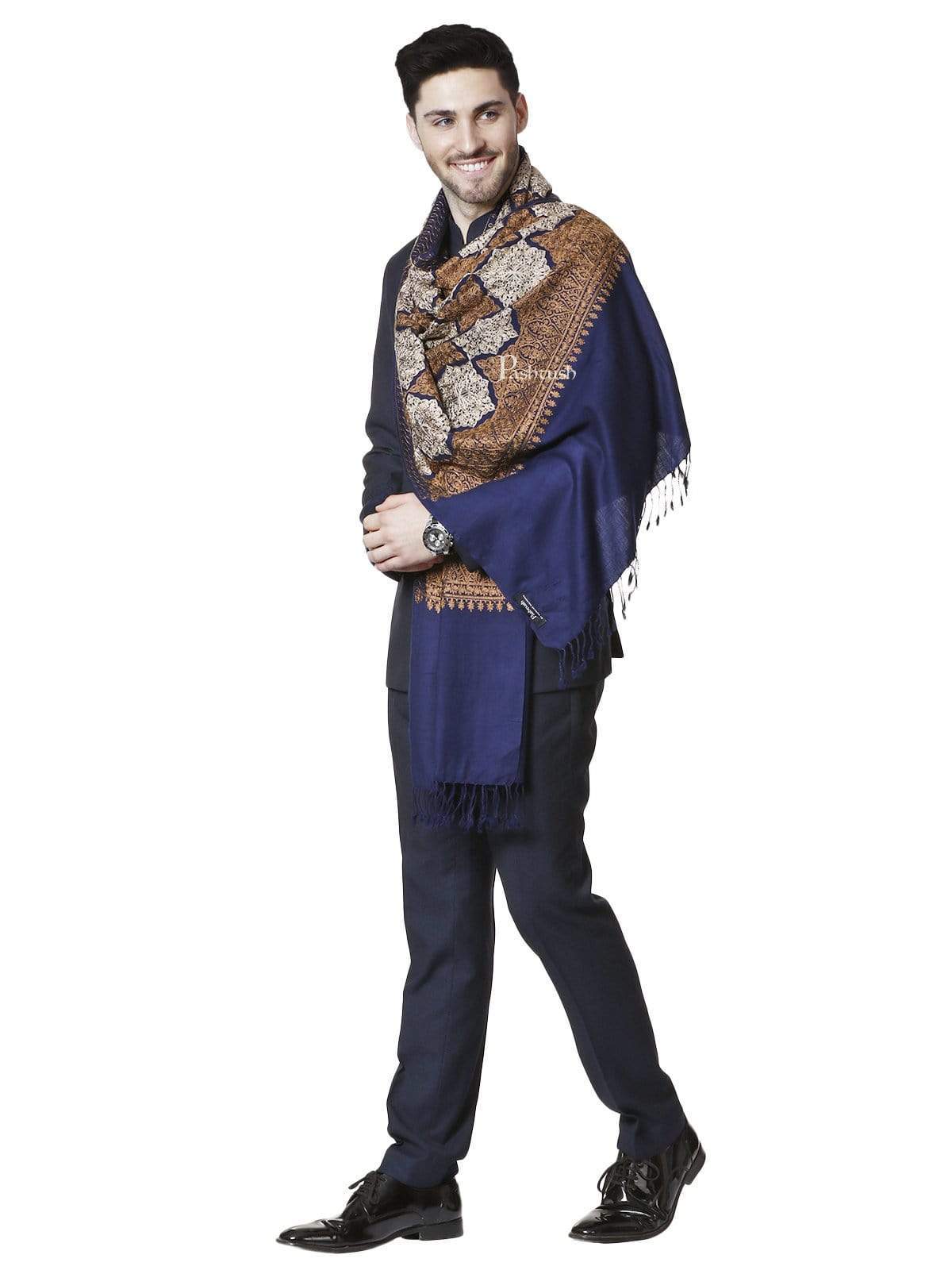 Pashtush Mens Embroidery Stole, Light Weight, Fine Wool, Navy Blue - Image 3