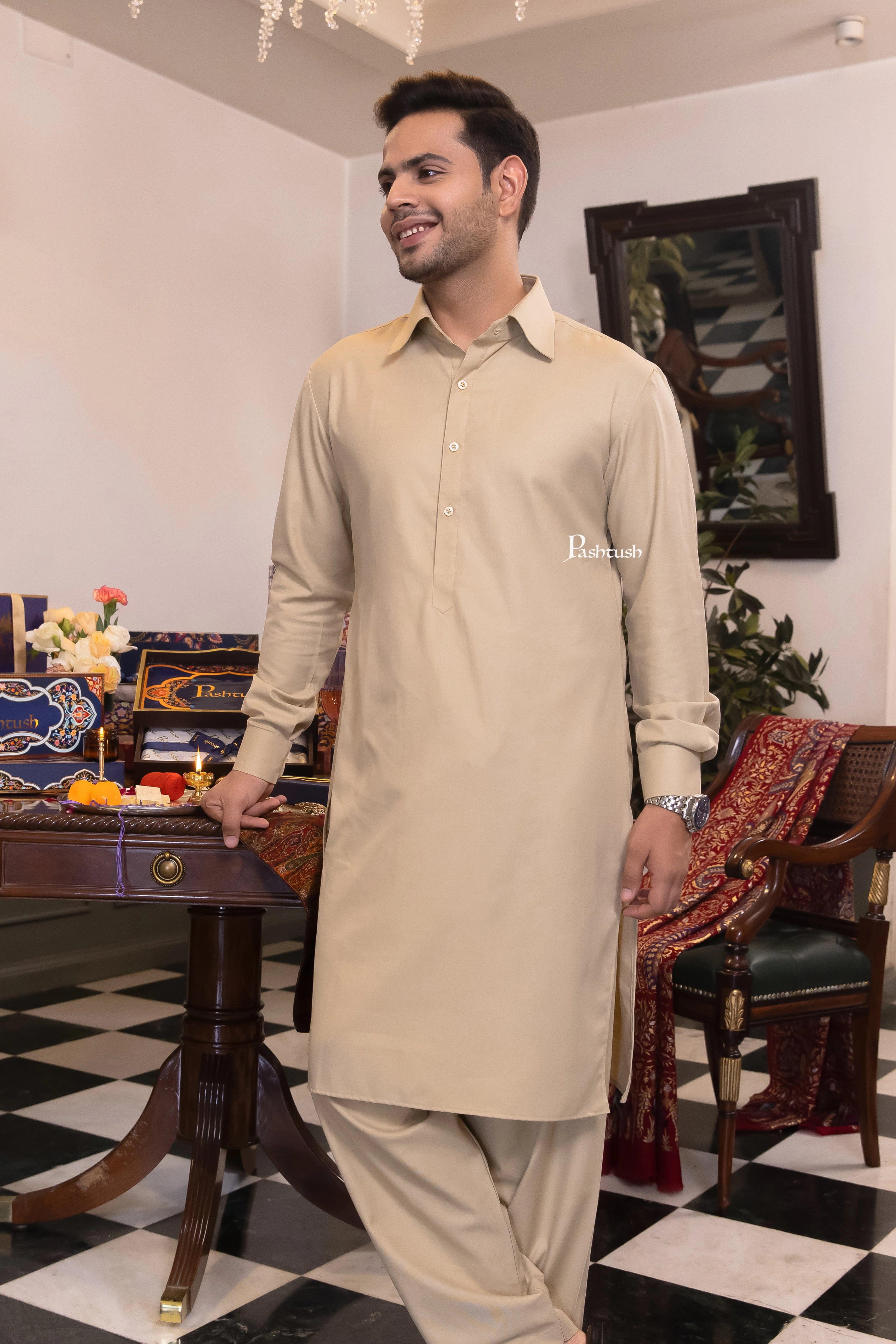 Pashtush Mens Kurta with Structured collar, Sahara Beige - Image 2