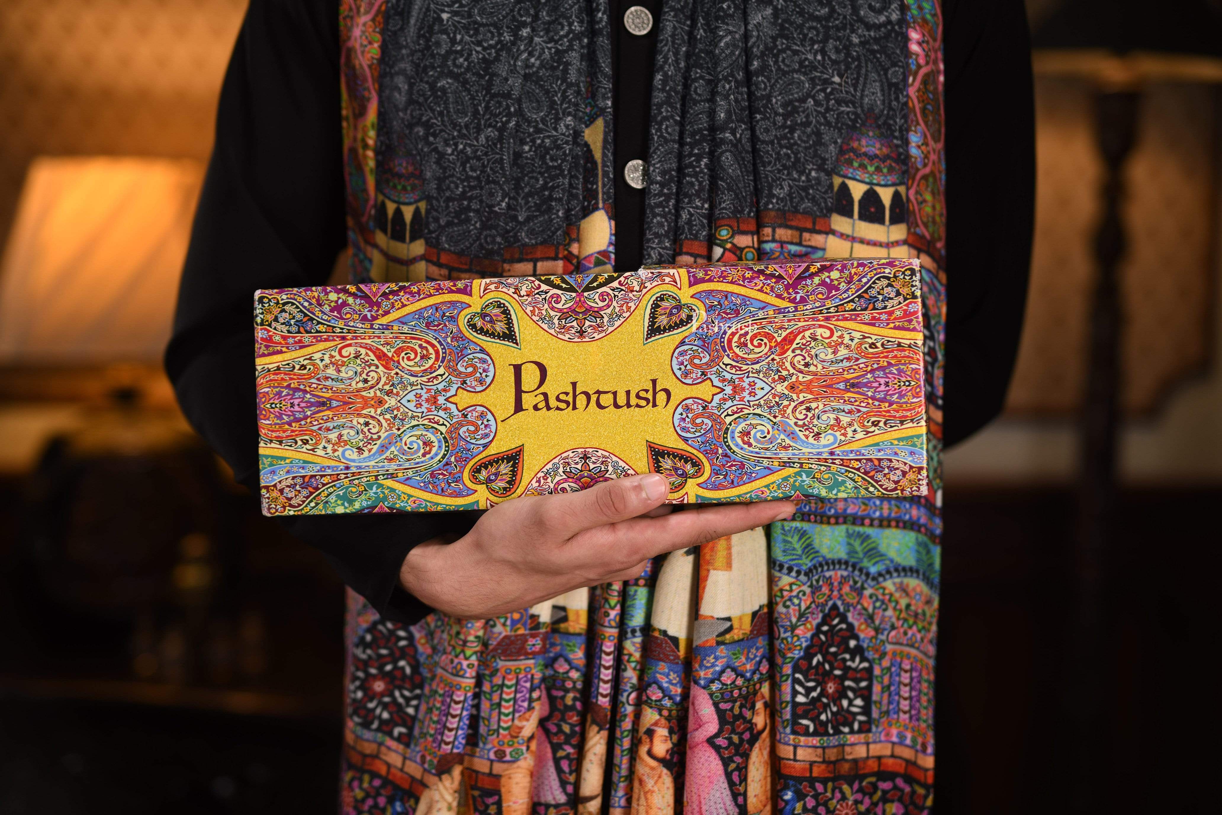 Pashtush Mens Mughal Darbar Printed Stole, 100% Pure, Woolmark Certified Black - Image 14