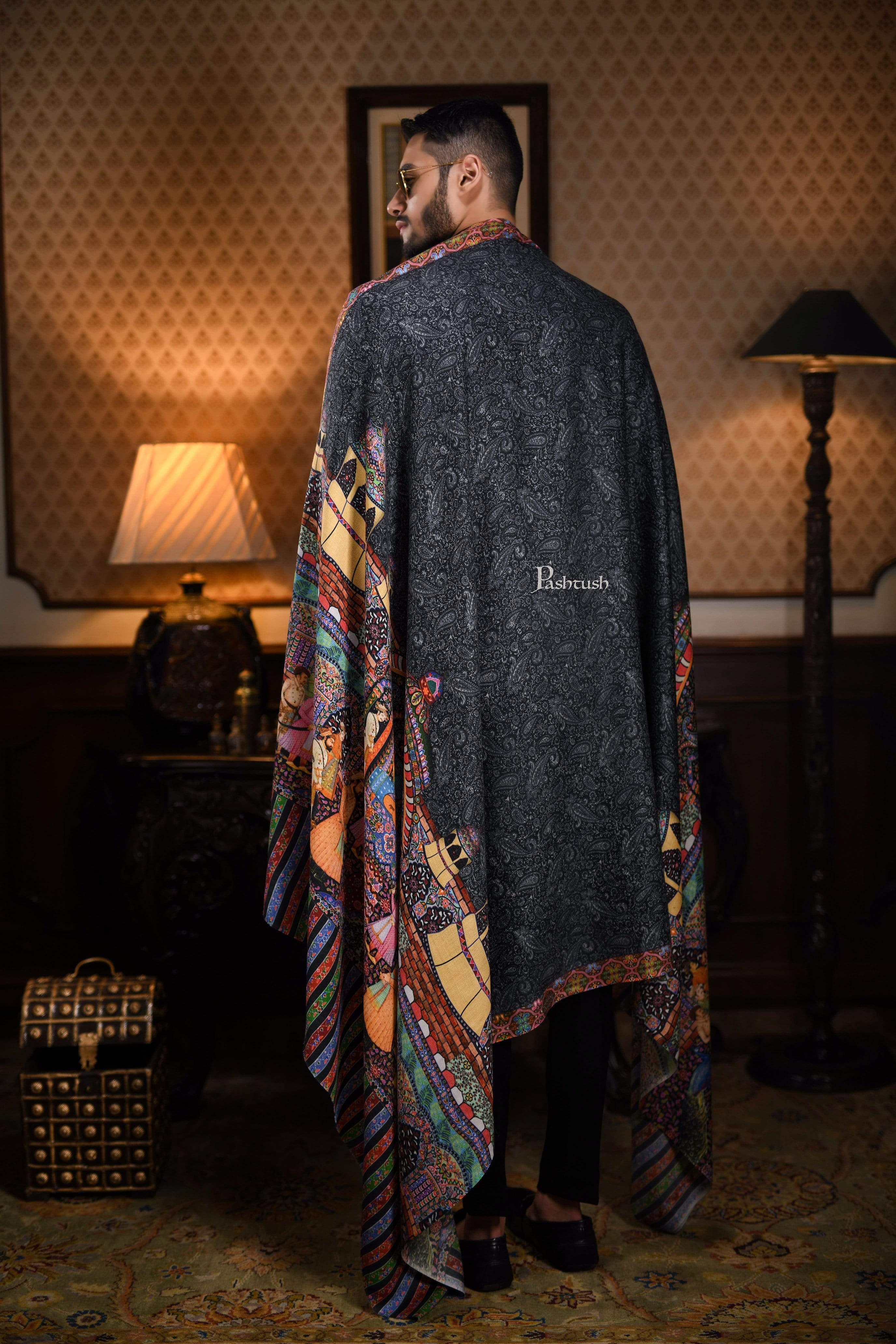 Pashtush Mens Mughal Darbar Printed Stole, 100% Pure, Woolmark Certified Black - Image 15