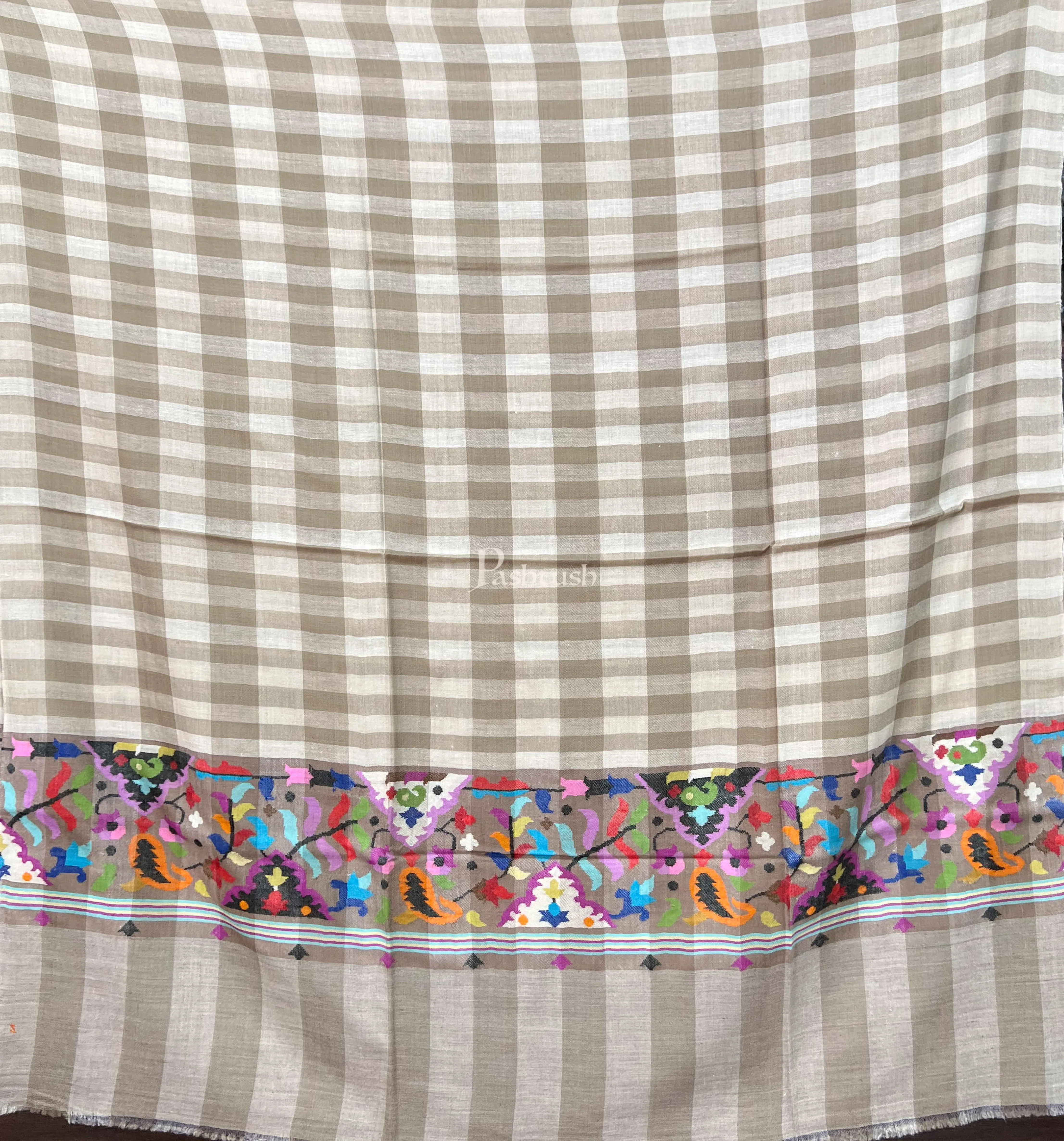 Pashtush Mens Pashmina Shawl, Handwoven Kaani, Checkered with Multicoloured Palla, Beige - Image 2