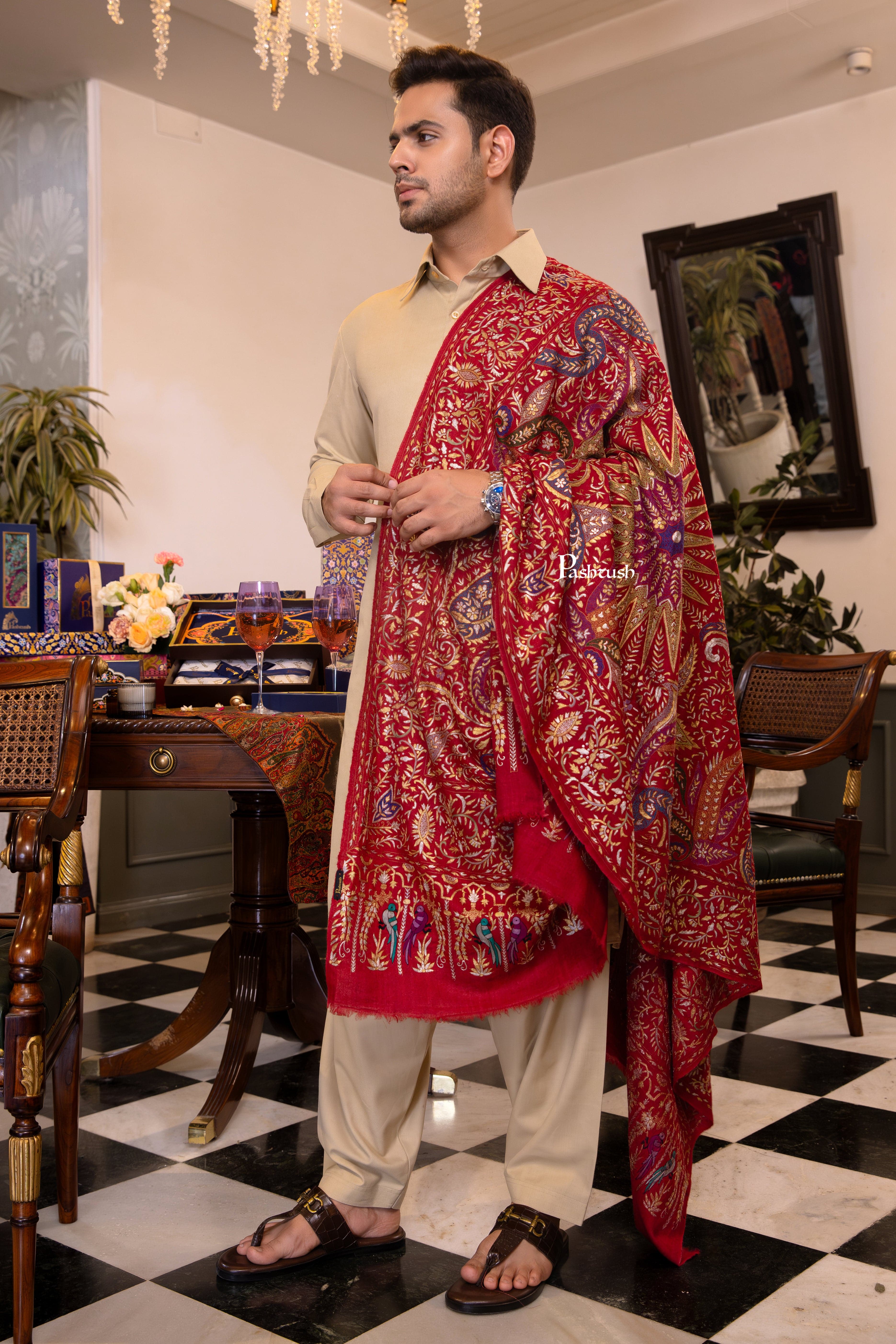 Pashtush Men's Pashmina Stole, Kashmiri Tilla Work, Handloom, Maroon - Image 6