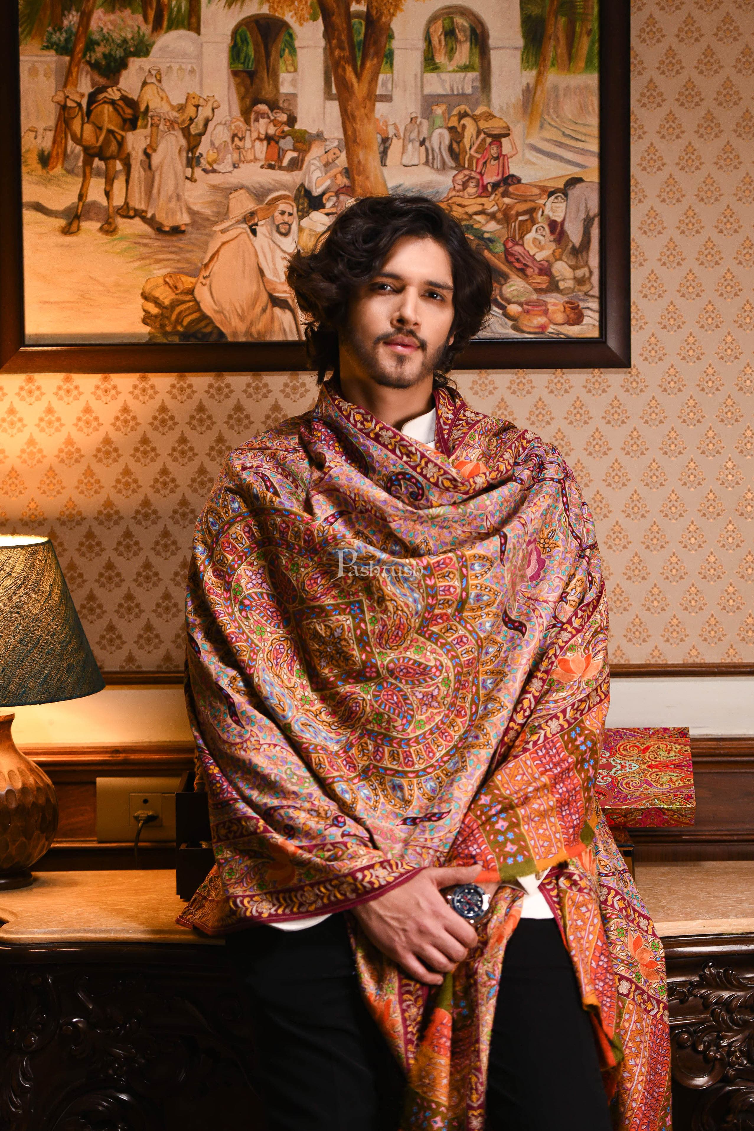 Pashtush Mens Pashmina Handmade Kalamkari Shawl, Multicoloured - Image 2