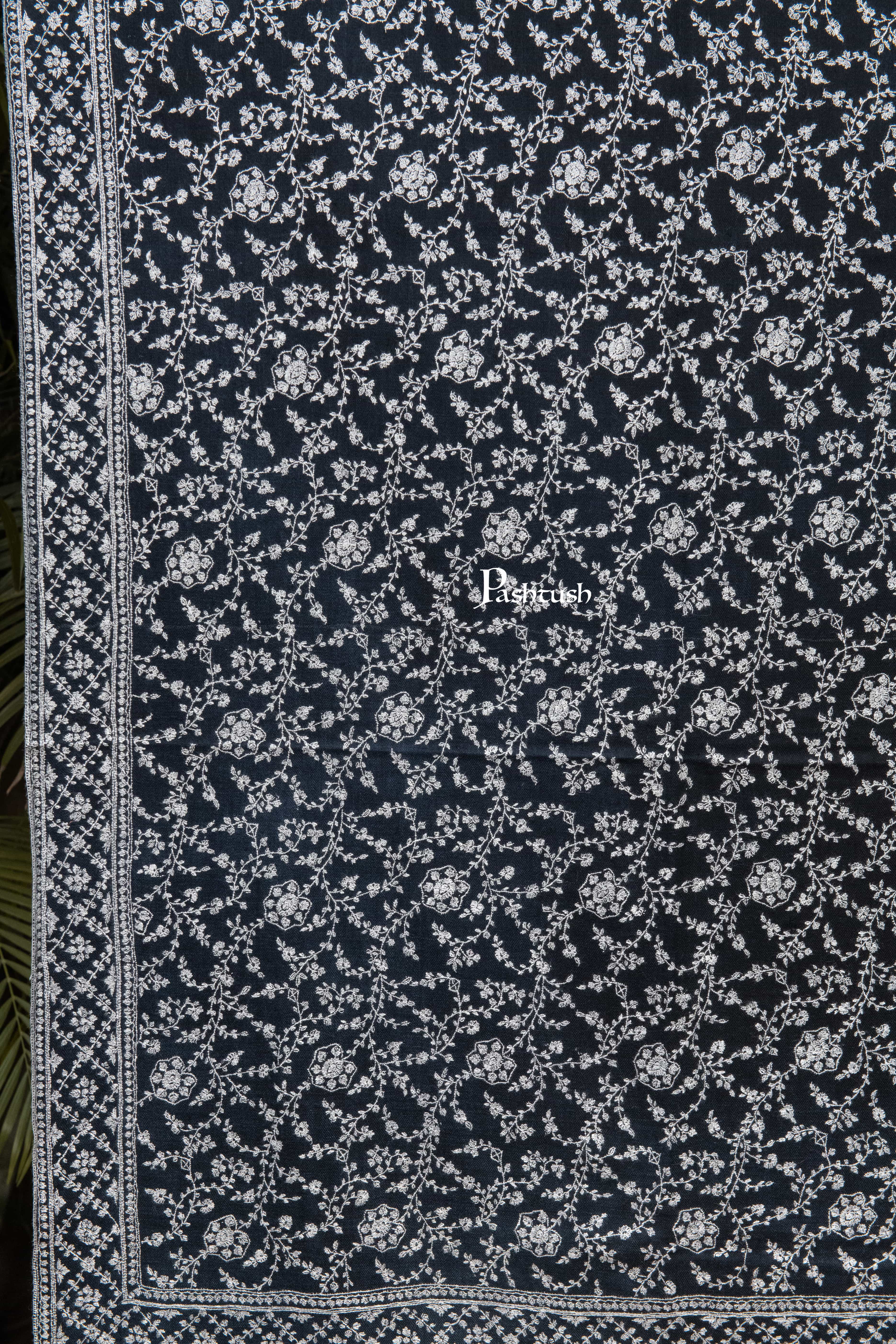 Pashtush Mens Pure Pashmina Shawl, Sozni Hand Embroidery, Hand Woven, Tonal Design, Black - Image 2