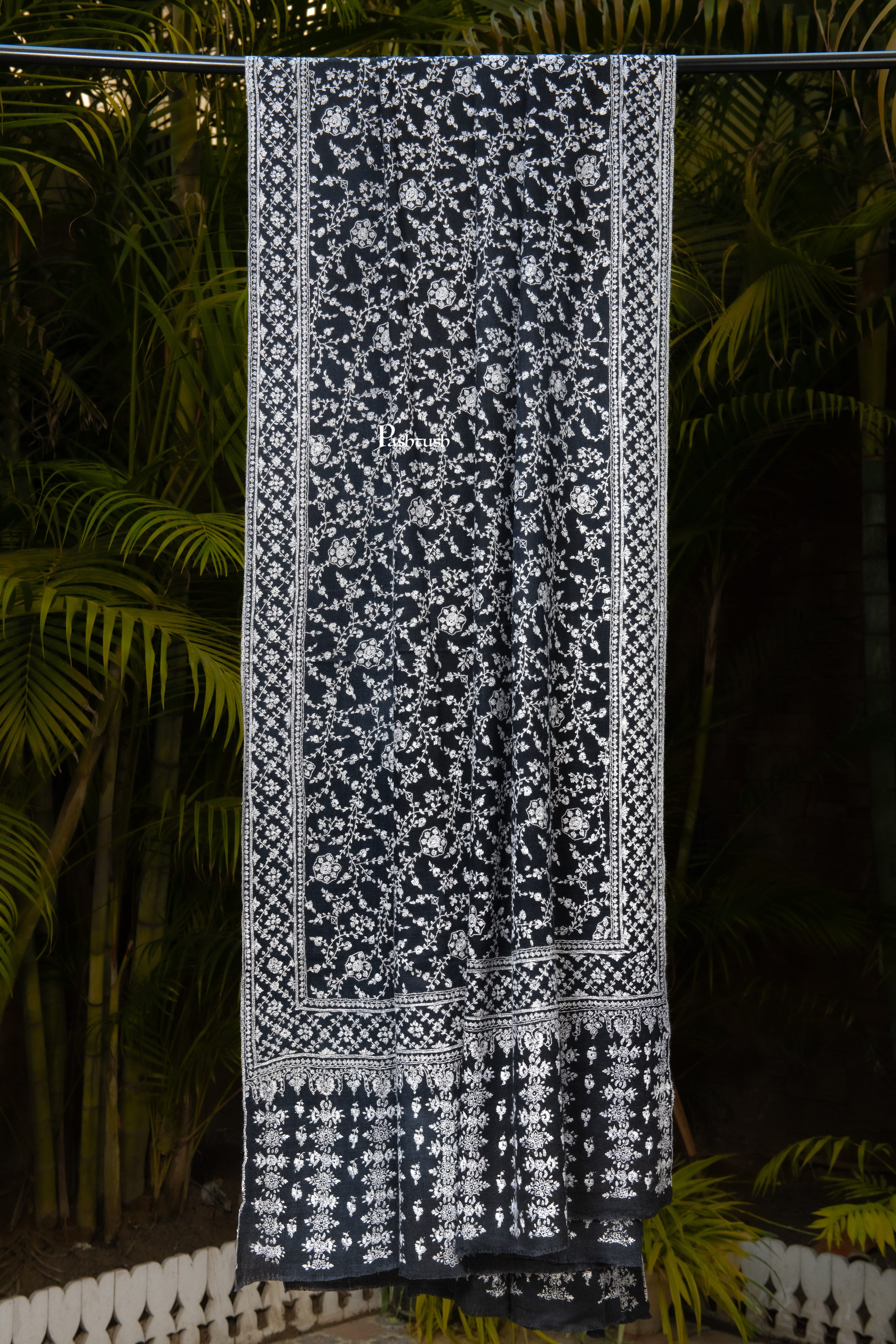 Pashtush Mens Pure Pashmina Shawl, Sozni Hand Embroidery, Hand Woven, Tonal Design, Black - Image 3