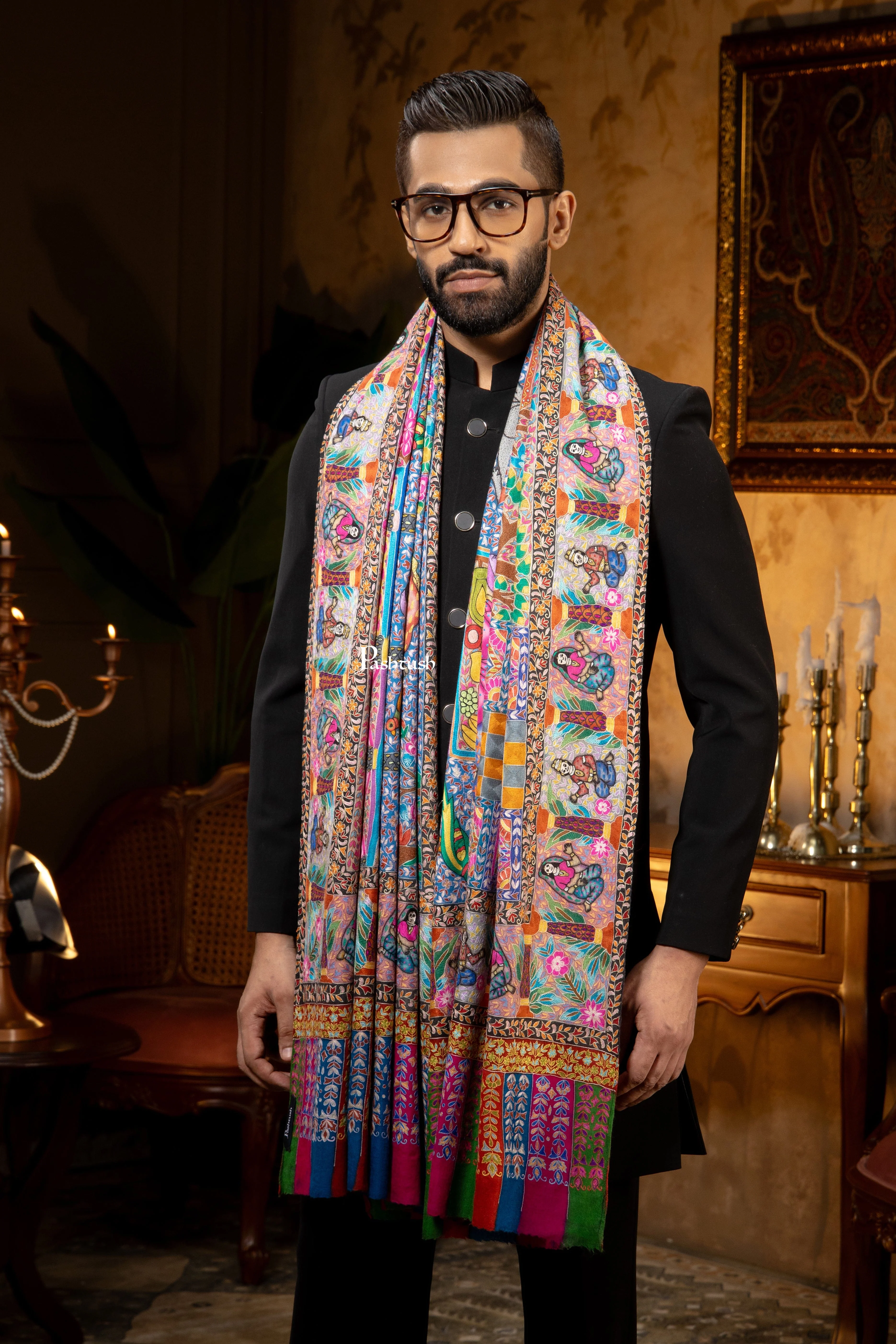 Pashtush Mens 100% Pure Wool Stole, Hand Embroided Kalamkari Design, Hand Painted, Multicolour - Image 4