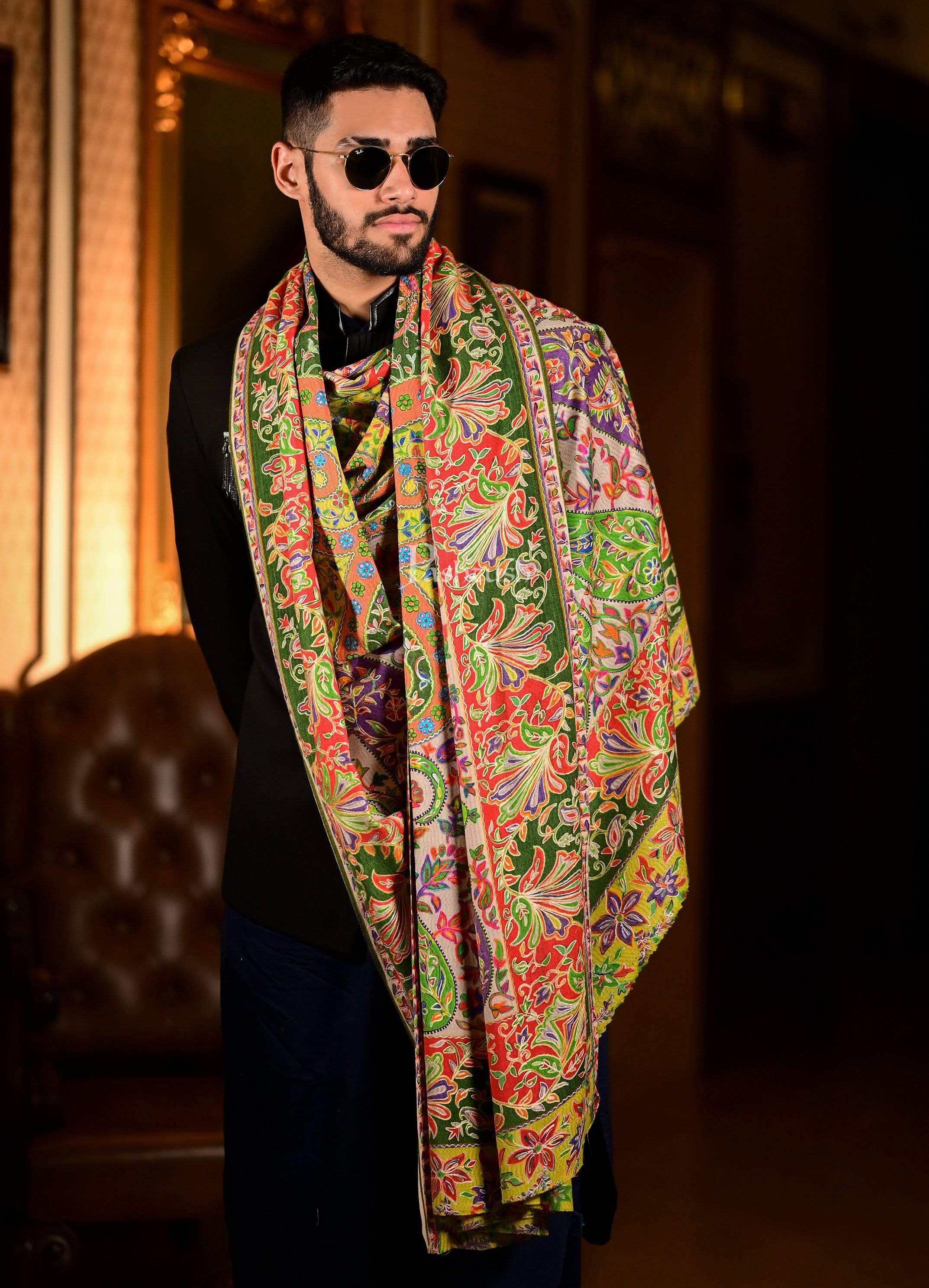 Pashtush Mens Pure Wool, Hand Embroidered Kalamkari Stole, With Woolmark Certificate - Image 3