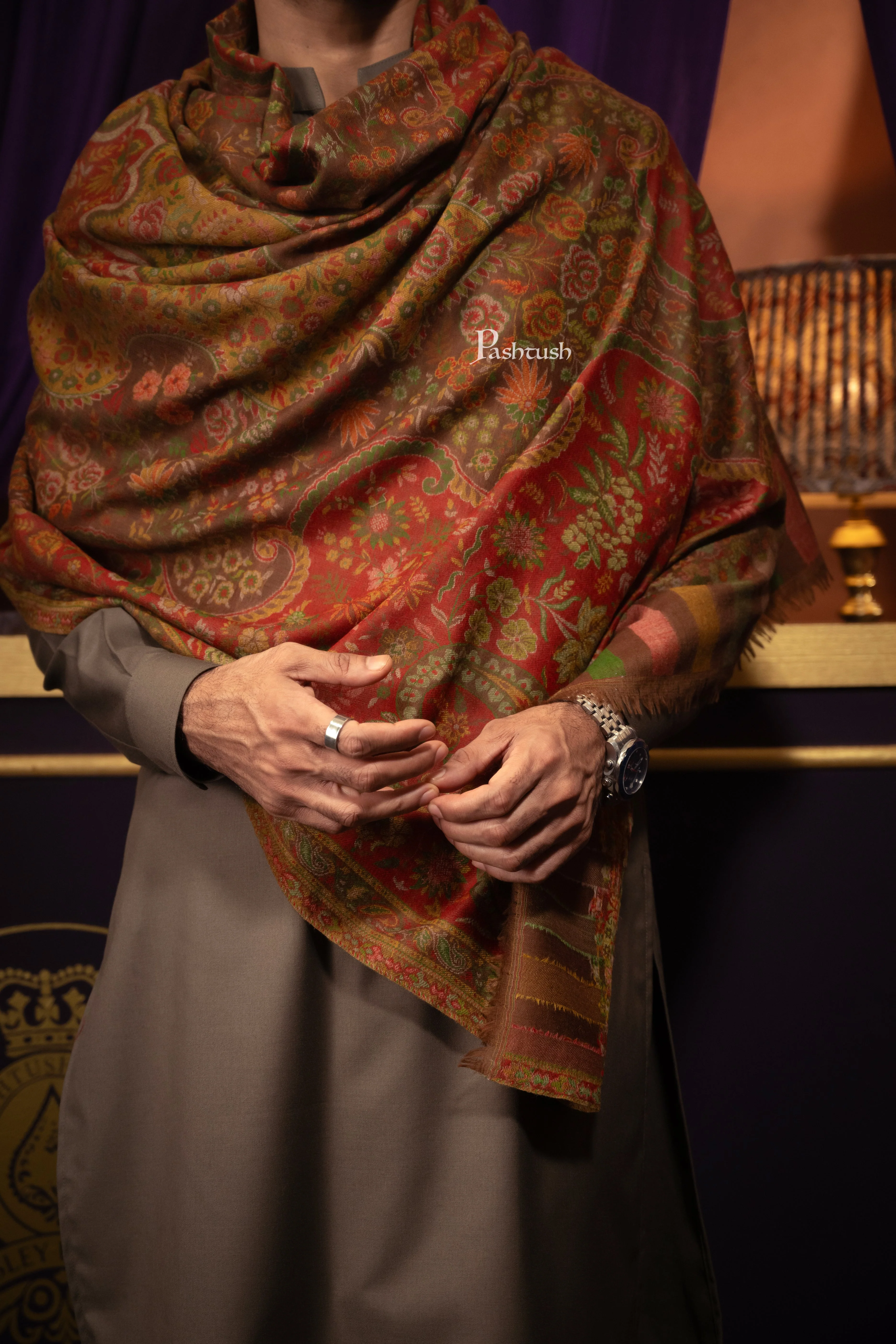 Pashtush Mens Pure Wool Stole, With Woolmark Certificate, Woven Design, Espresso Brown - Image 4