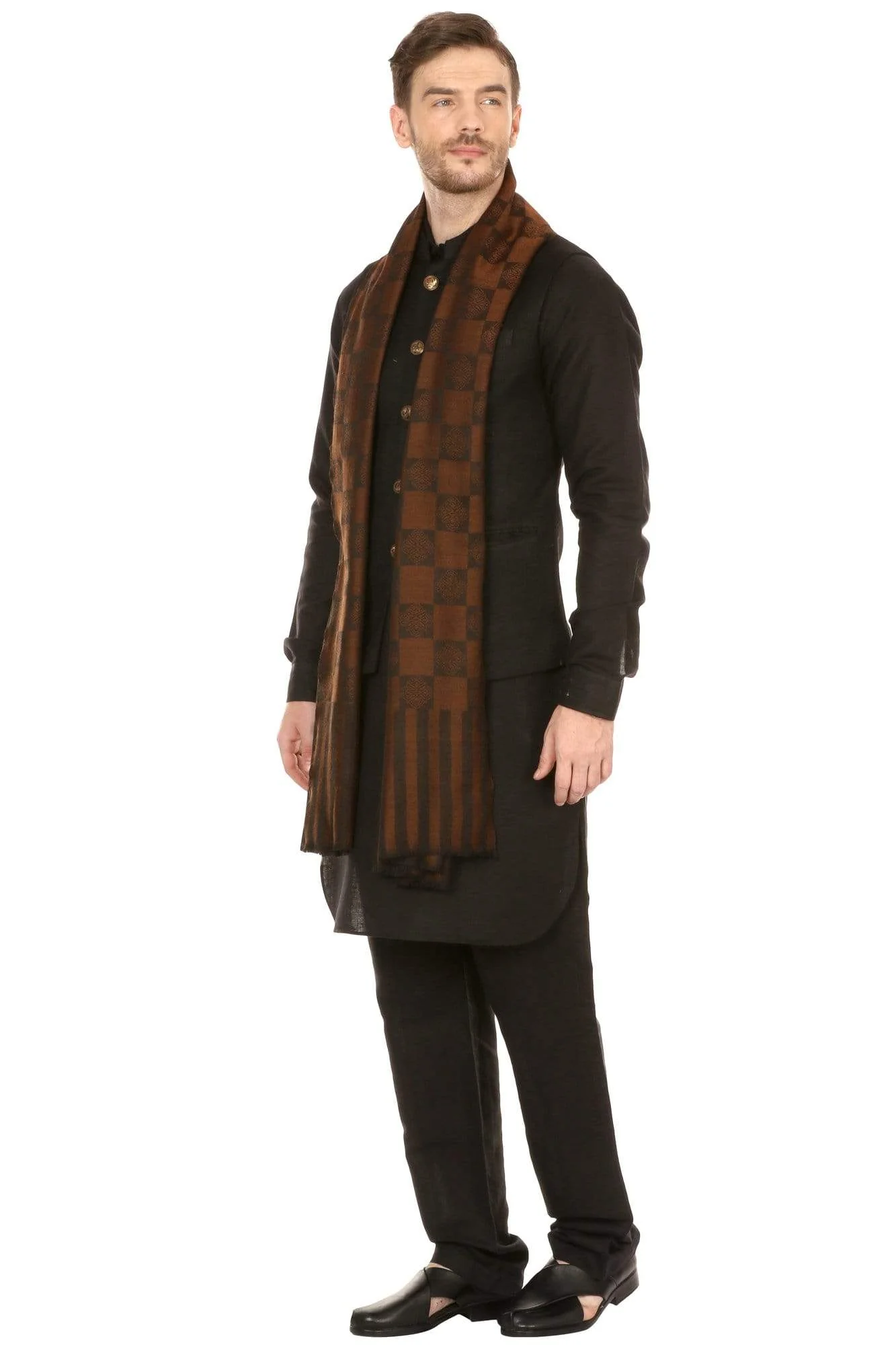 Pashtush Mens Reversible Stole, Checkered Design - Espresso - Image 4