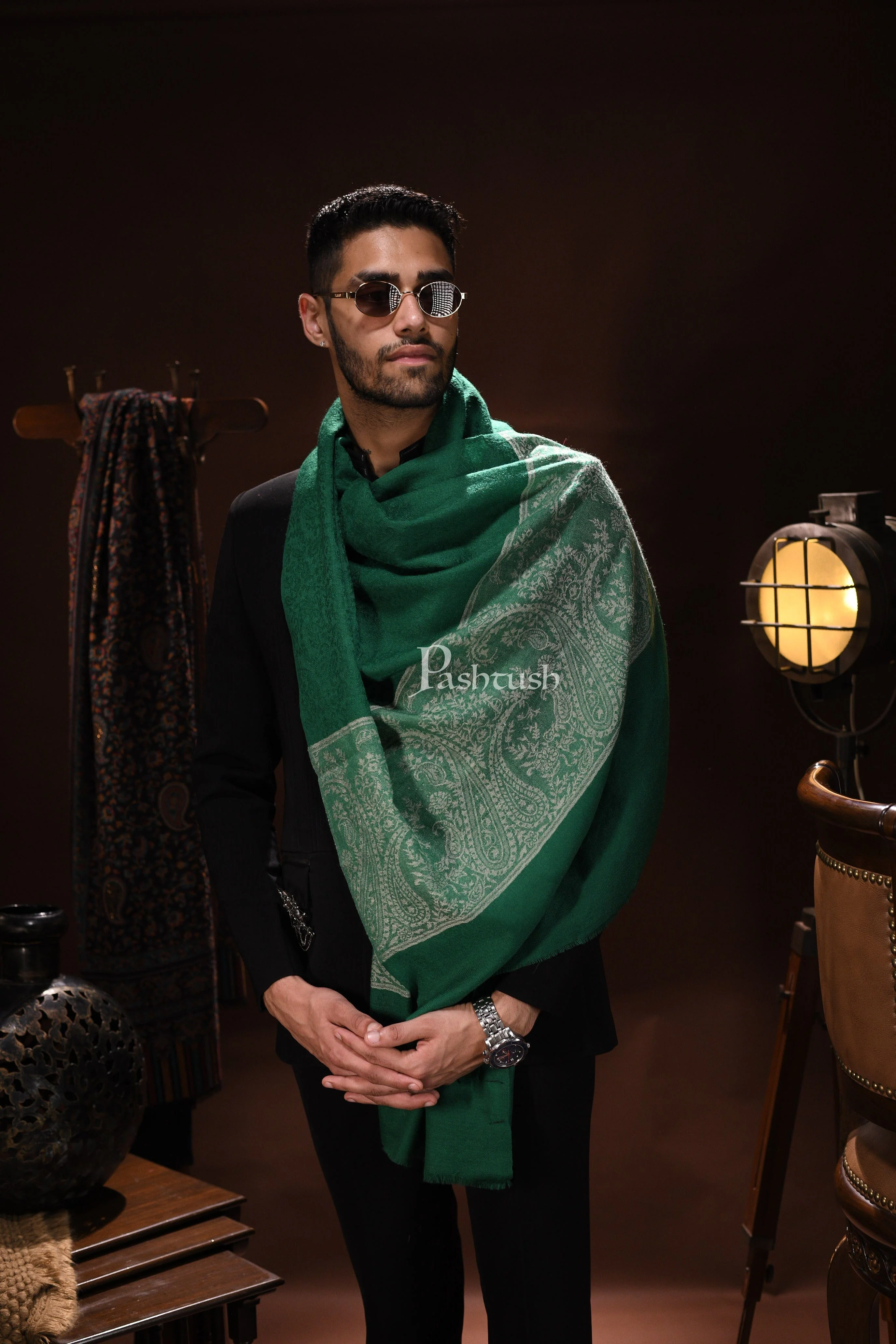 Pashtush Mens Scarf With Chanting Paisleys Design, Soft And Warm, Emerald Green - Image 5