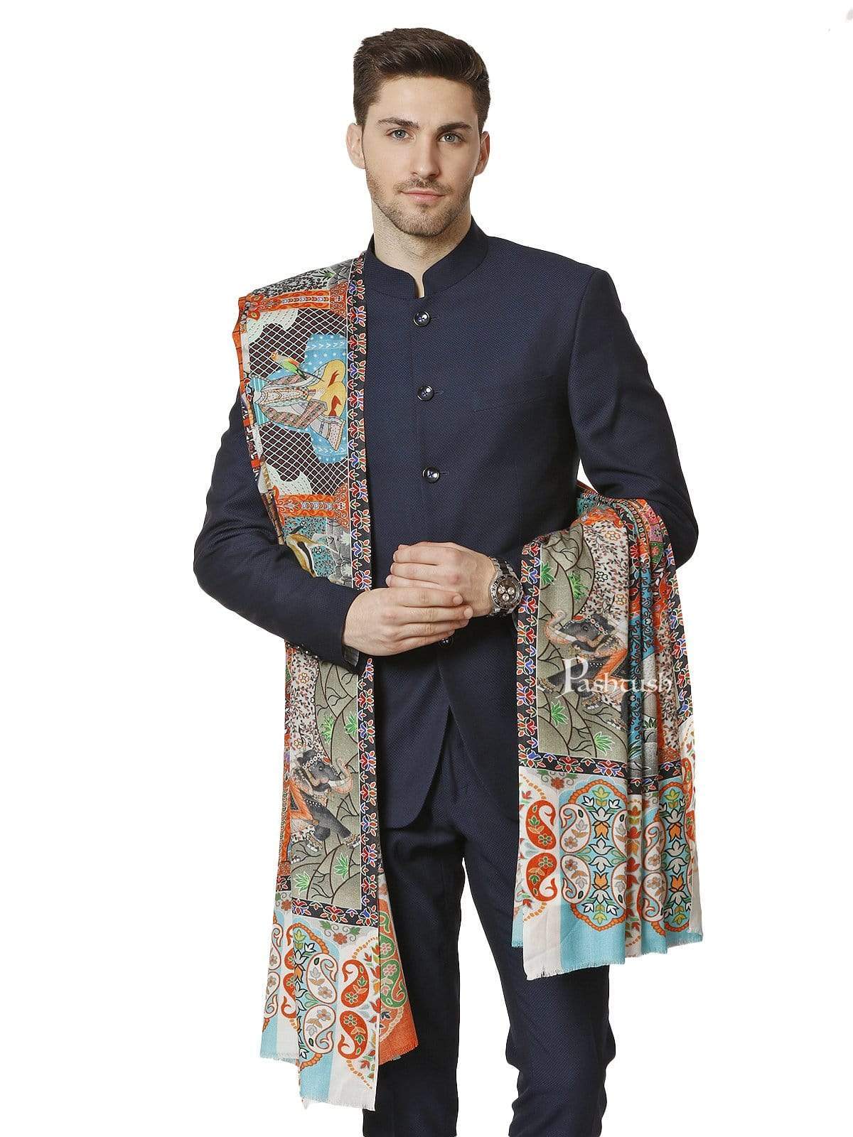 Pashtush Mens Mughal Darbar Printed Shawl, 100% Pure, Woolmark Certified, Full Size - Image 4