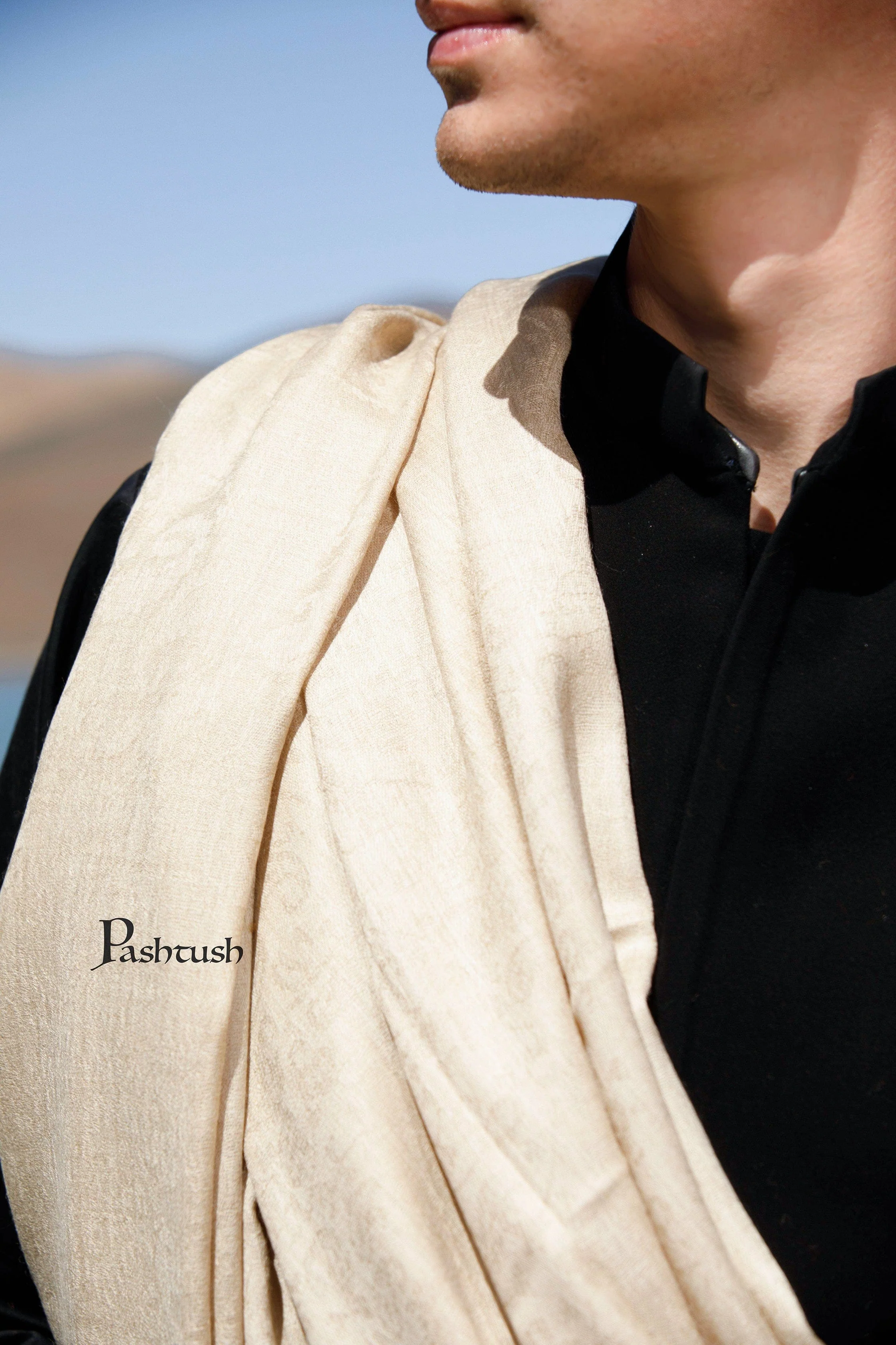 Pashtush Mens Shawl 100% Pure Wool With Woolmark Certificate, Self Paisley Weave, Beige - Image 2