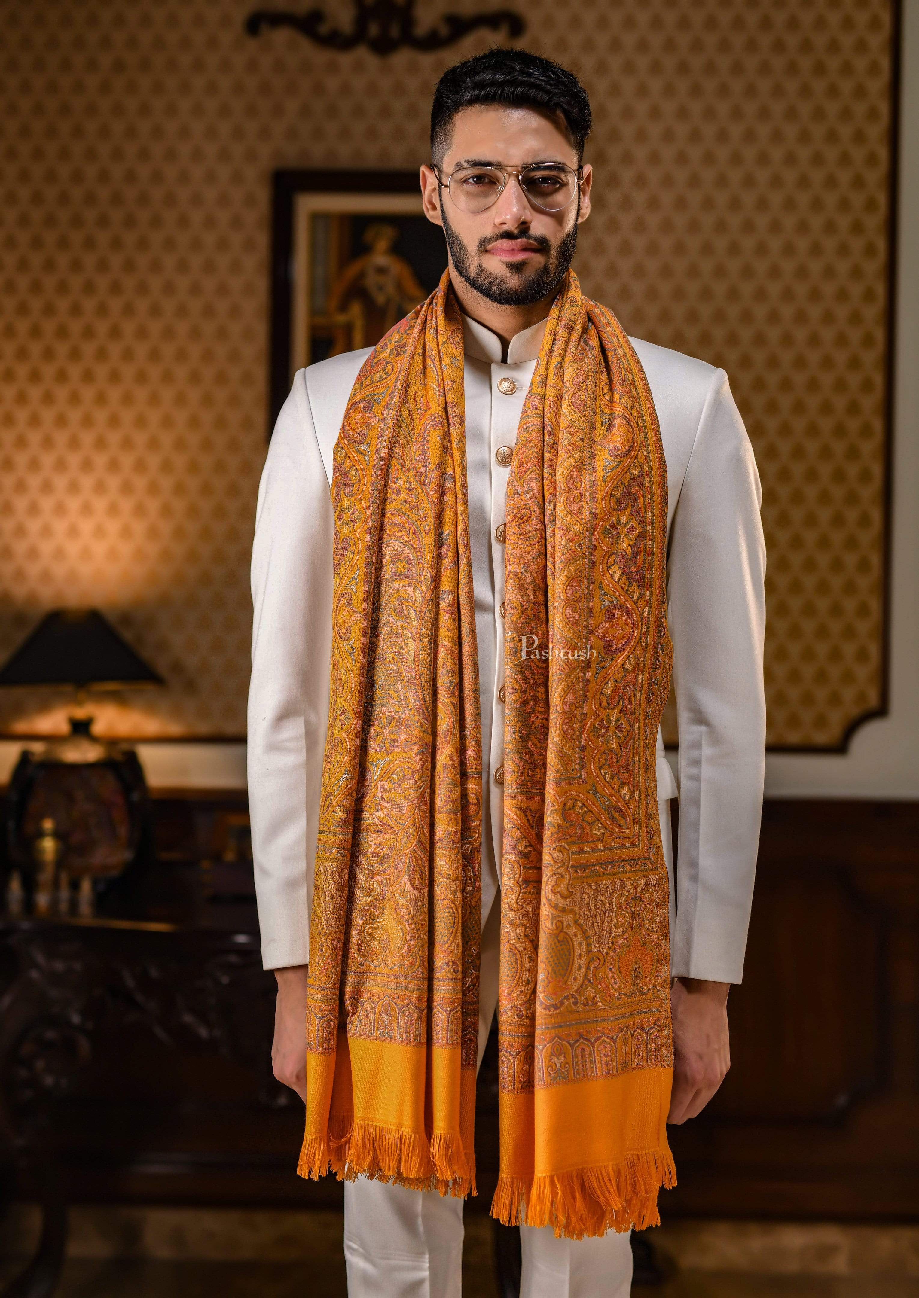 Pashtush Mens Jamawar Stole, Mustard - Image 3
