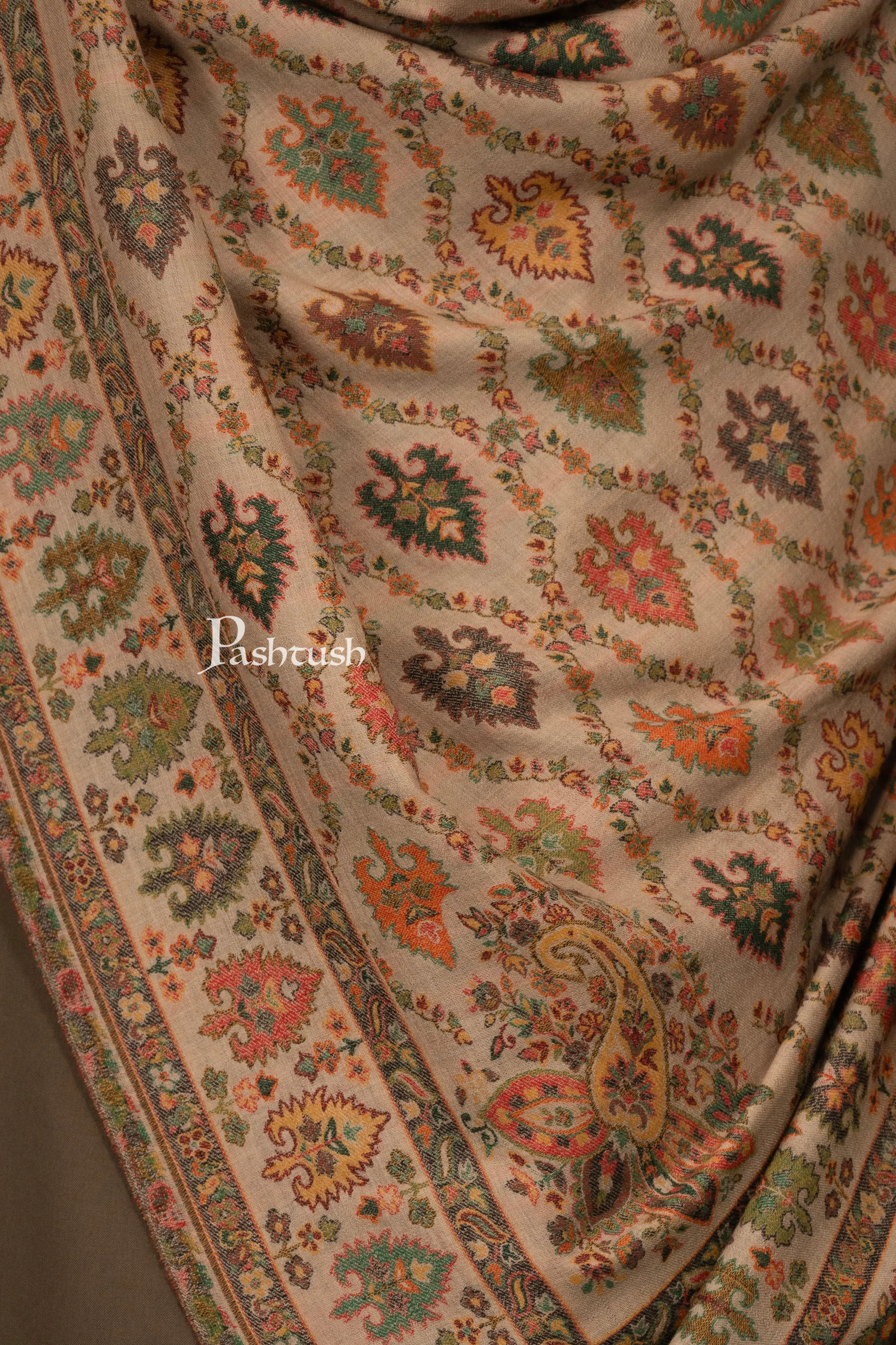 Pashtush Mens Shawl, Fine Wool, Full Size, Ethnic Jamawar Woven Design, Beige - Image 2