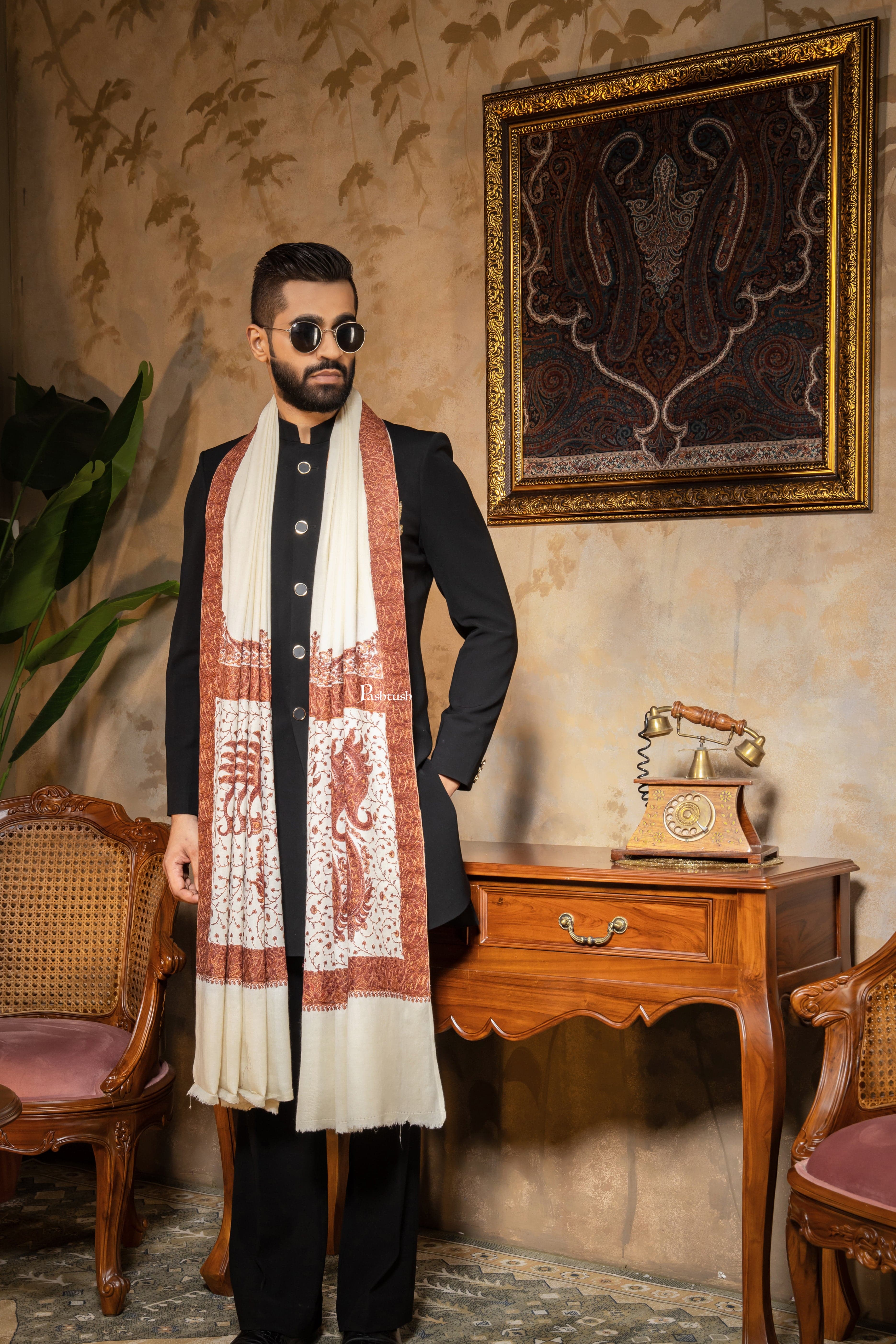 Pashtush Mens Shawl, Kashmiri Embroidery, Soft and Warm, Palla Design Intricate stitch, Ivory - Image 3