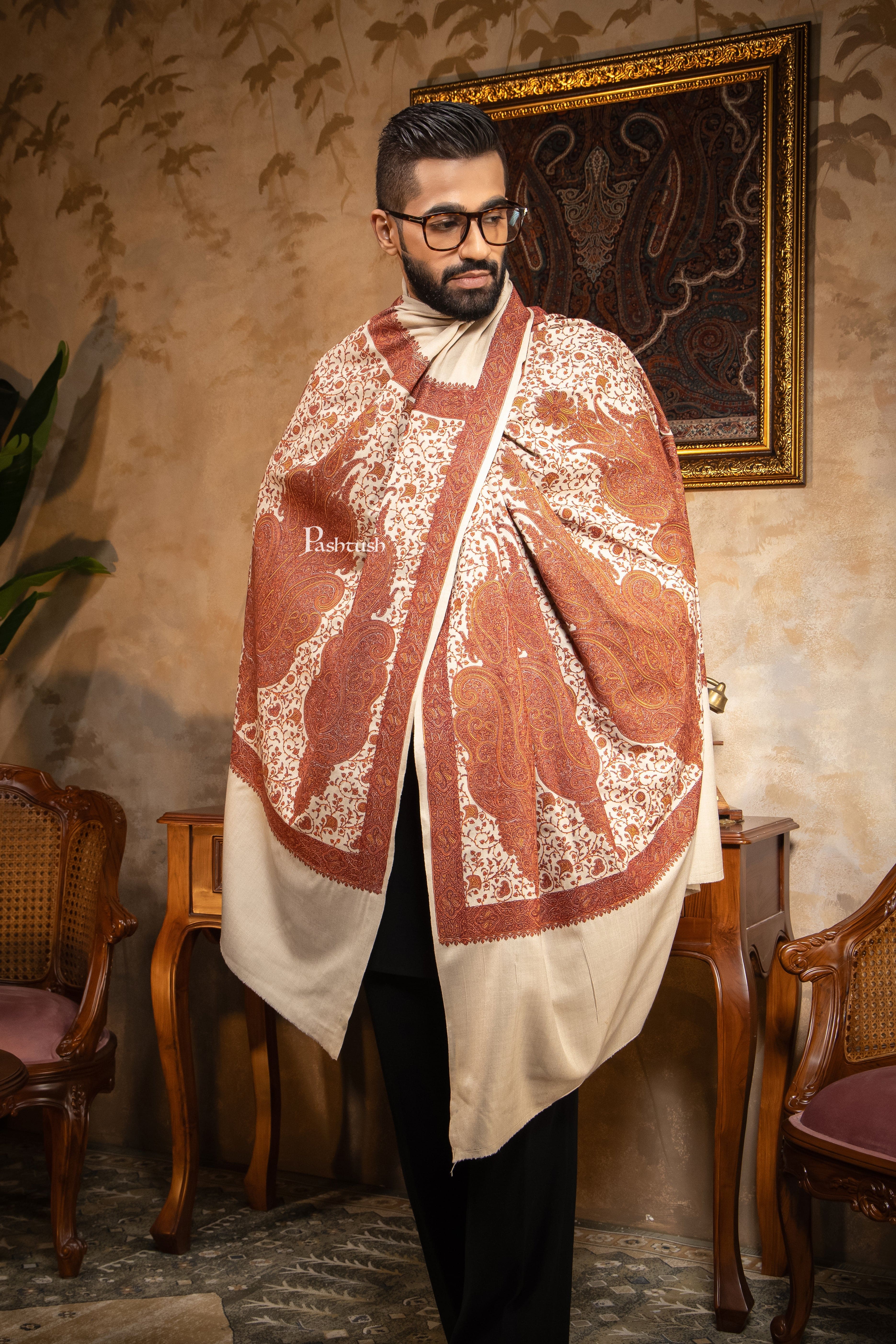 Pashtush Mens Shawl, Kashmiri Embroidery, Soft and Warm, Palla Design, Intricate stitch, Taupe - Image 6