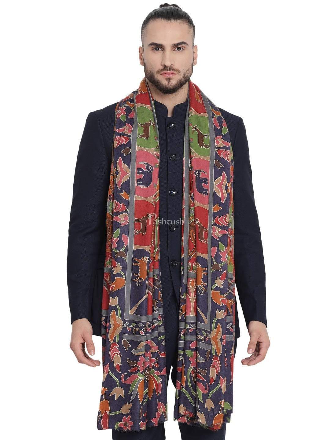 Pashtush Mens Shikaar-Dar Hand Embroidered, Shawl In Fine Wool - Image 4