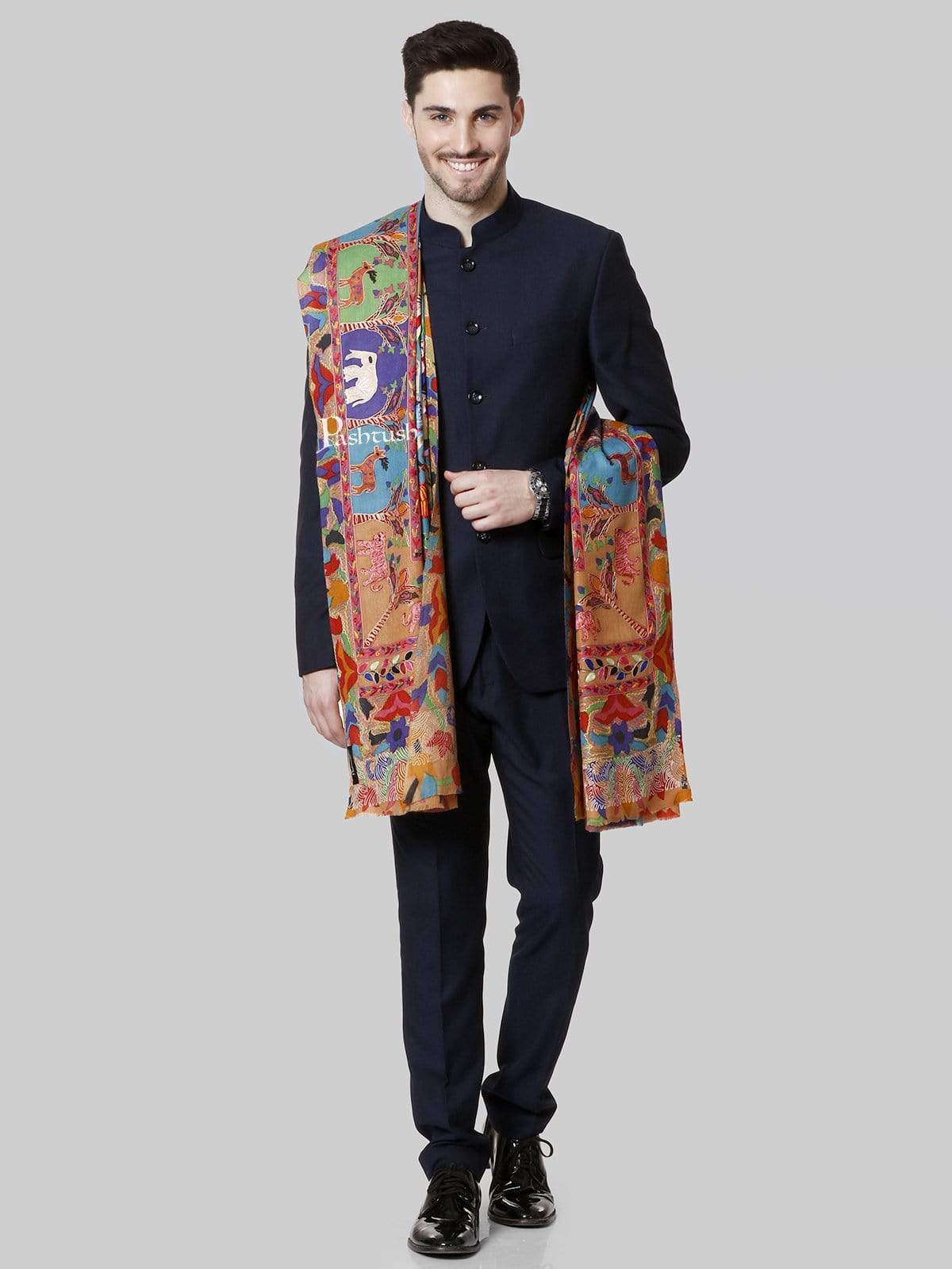 Pashtush Mens Shikaar-Dar Hand Embroidered, Shawl In Fine Wool - Image 2