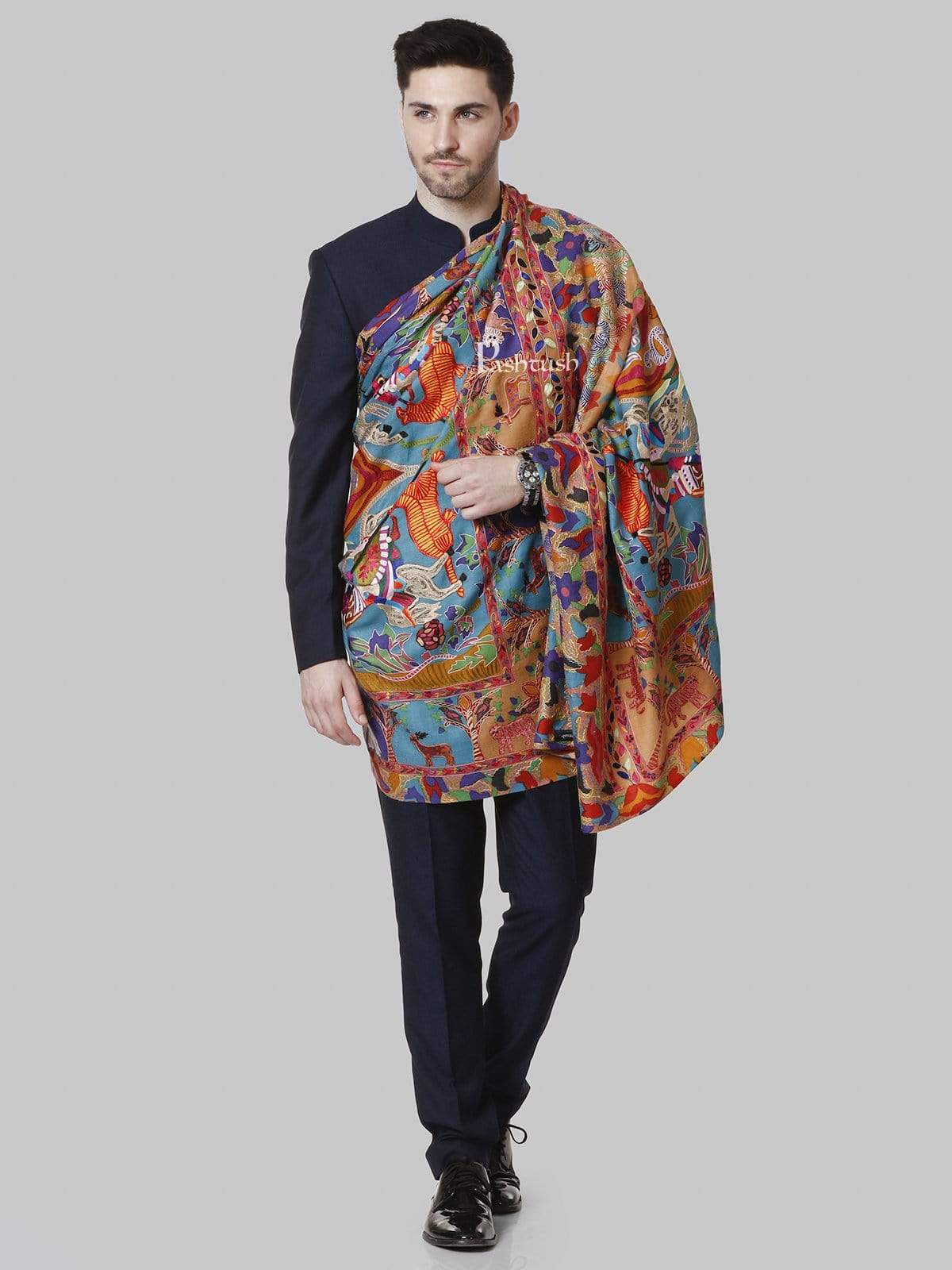 Pashtush Mens Shikaar-Dar Hand Embroidered, Shawl In Fine Wool - Image 4