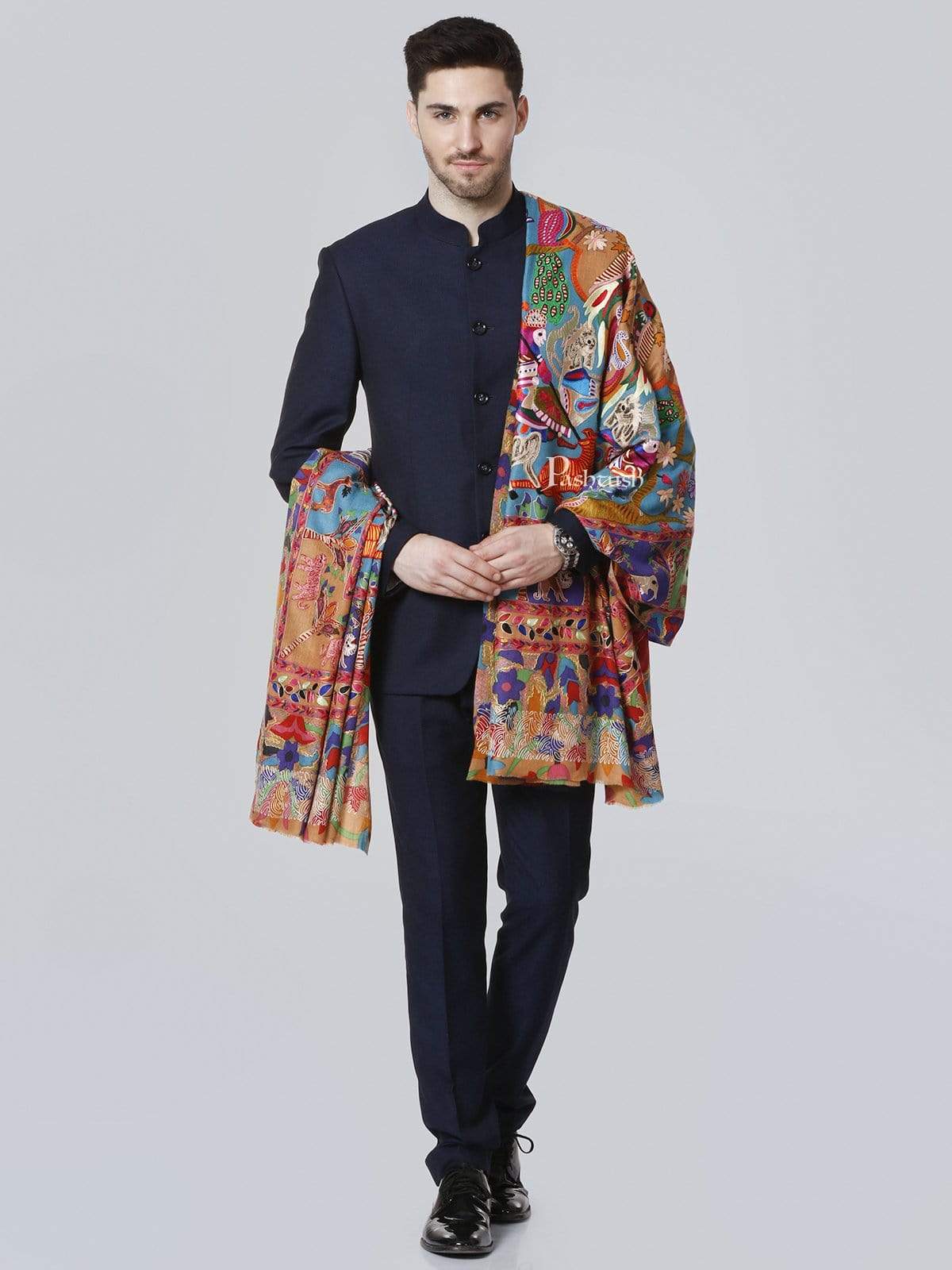 Pashtush Mens Shikaar-Dar Hand Embroidered, Shawl In Fine Wool - Image 5
