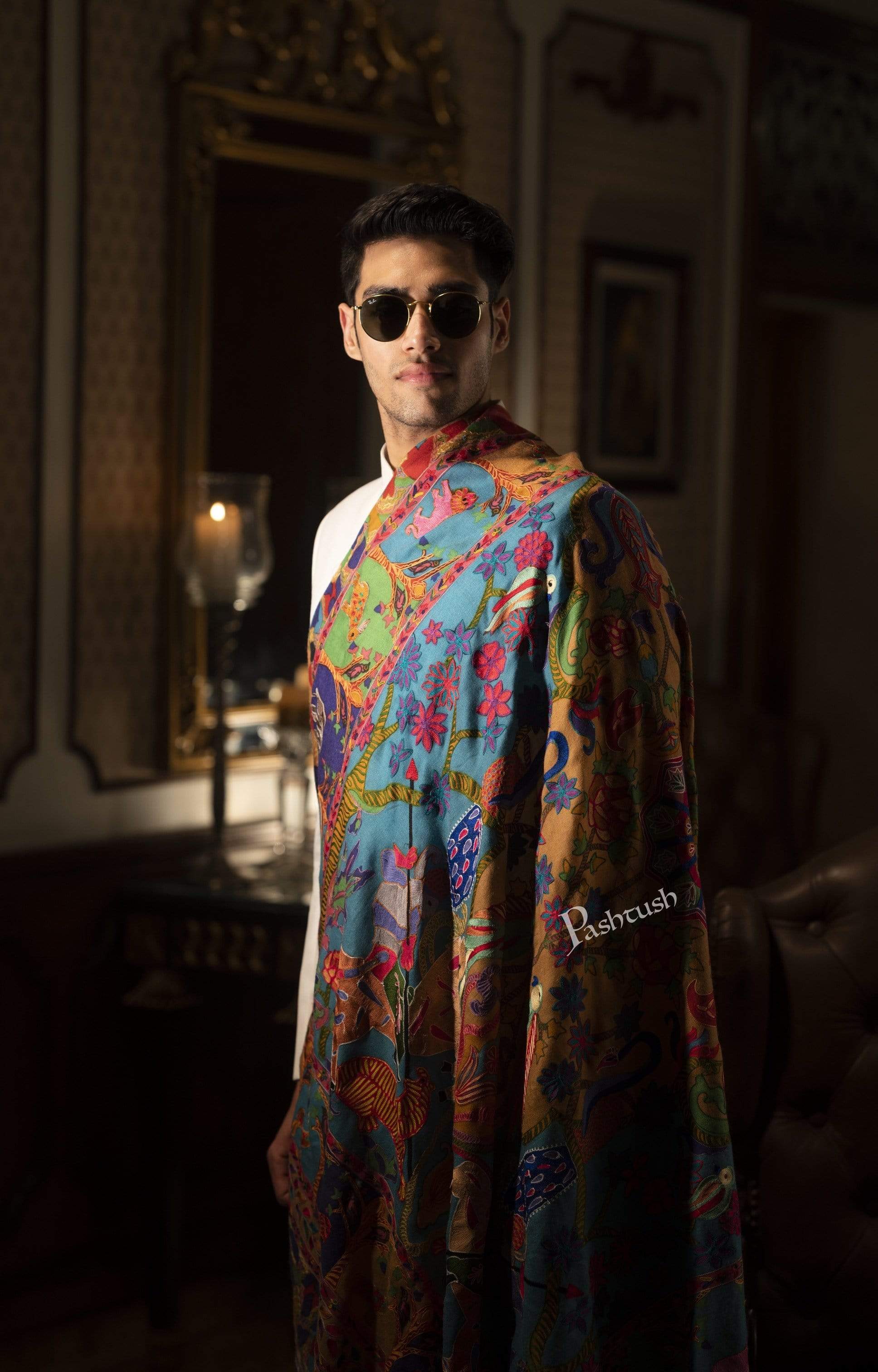 Pashtush Mens Shikaar-Dar Hand Embroidered, Shawl In Fine Wool - Image 7