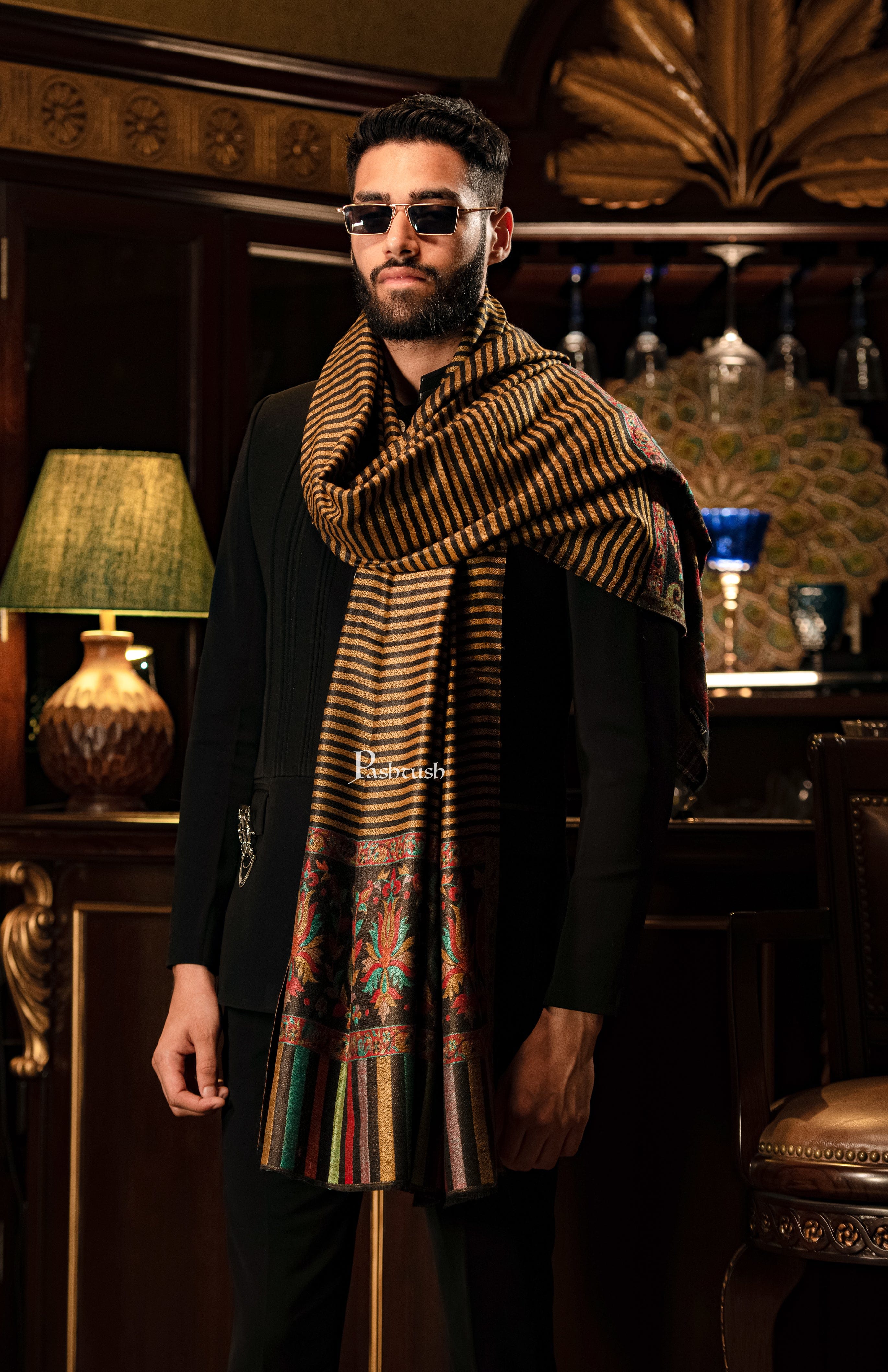 Pashtush Mens Soft Wool Cashmere Blended Stole With Ethnic Weave Palla, Multicolour - Image 4