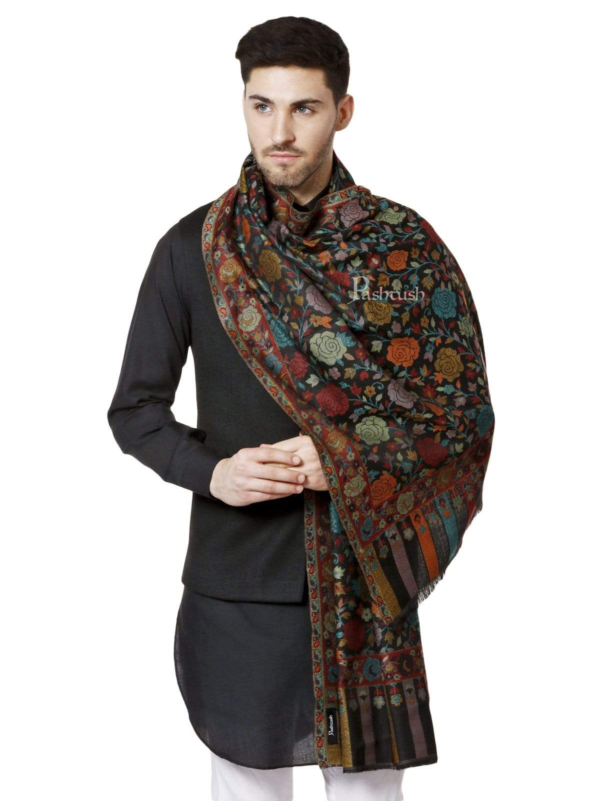 Pashtush Mens Soft Wool, Ethnic Weave Stole, Gulaab-Dar, Black - Image 4