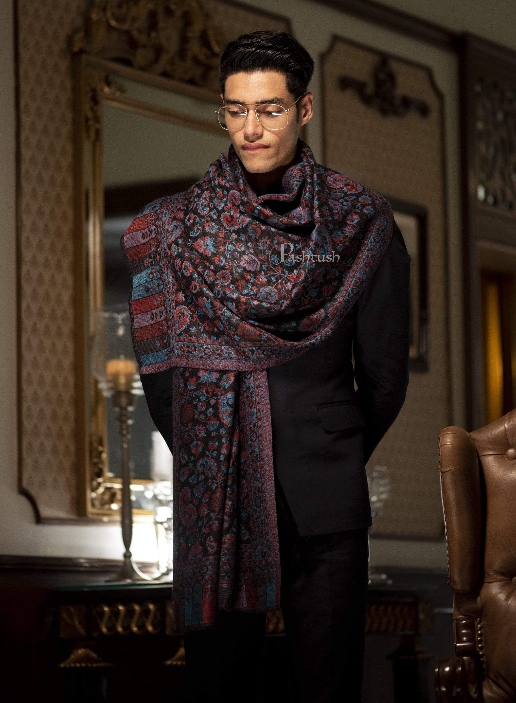 Pashtush Mens Soft Wool, Reversible Stole, Scarf, Ethnic Weave, Black - Image 2