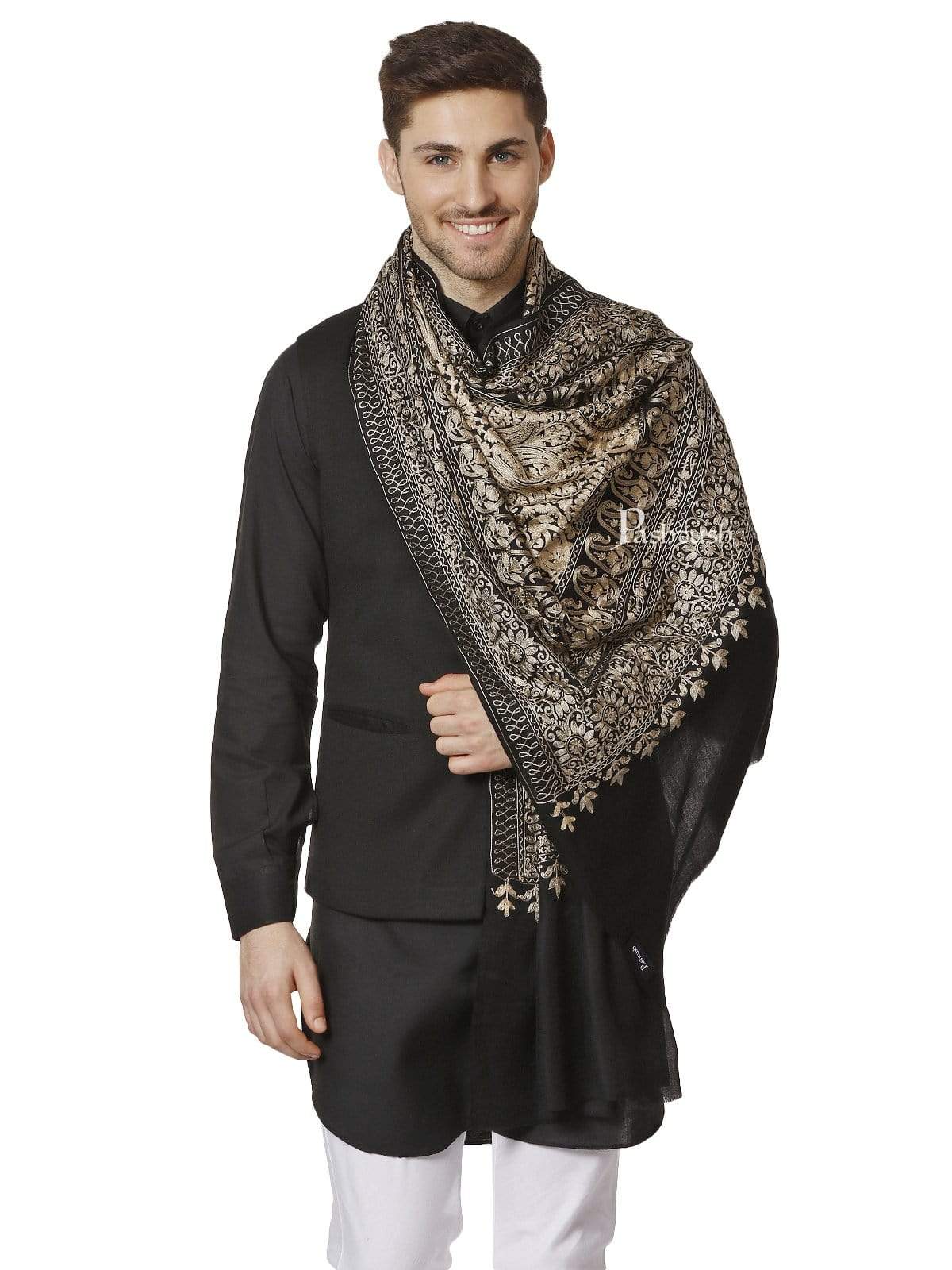 Pashtush Mens Silk-Wool Fine Wool, Nalki Embroidery Needlework Stole - Image 2