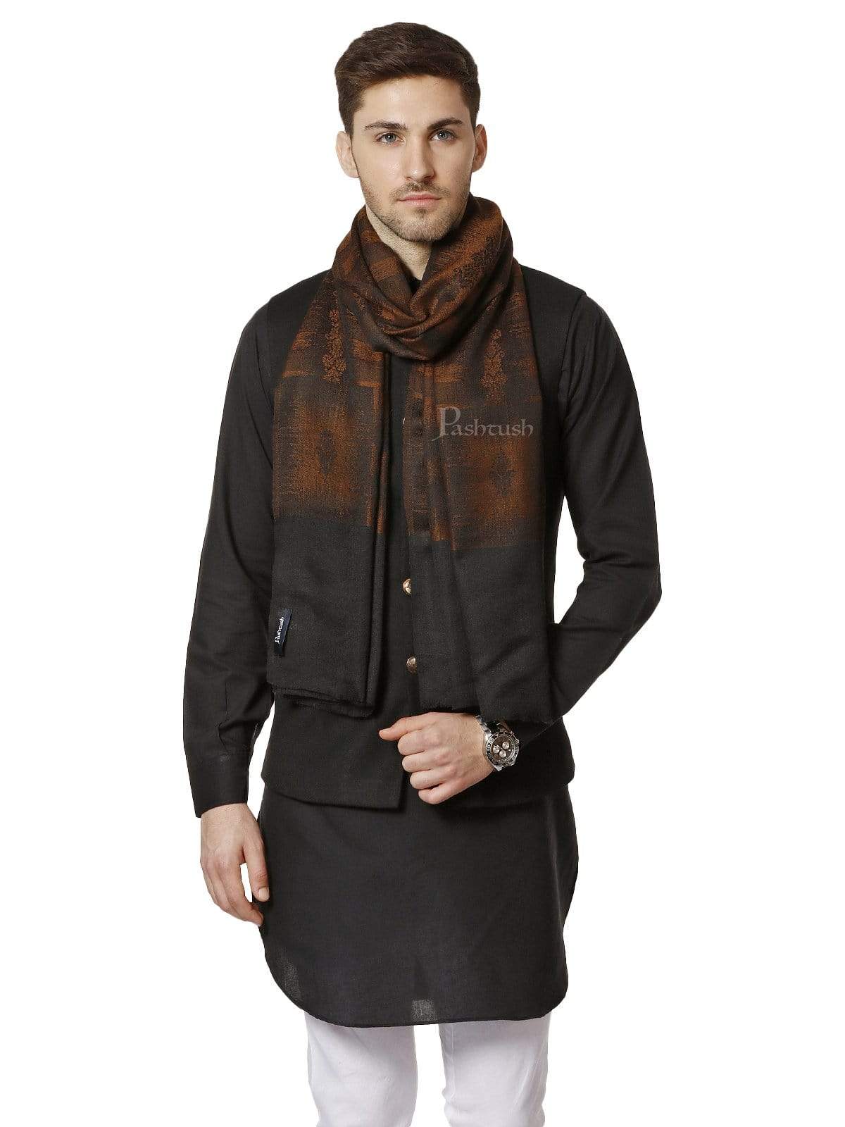 Pashtush Mens Fine Wool Ikkat Design, Stole, Espresso Brown - Image 3