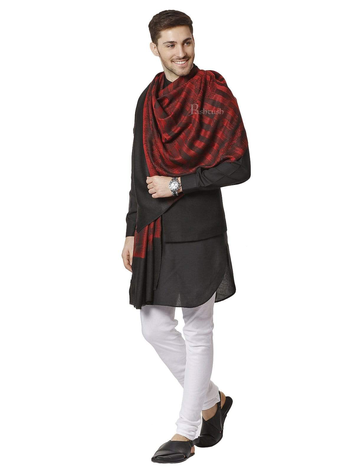 Pashtush Mens Fine Wool Stole, Ikkat Design, Maroon And Black - Image 4