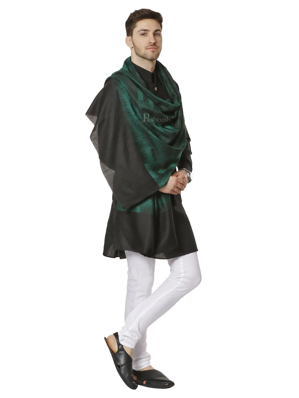 Pashtush Mens Fine Wool Stole, Ikkat Design, Azure Green - Image 4
