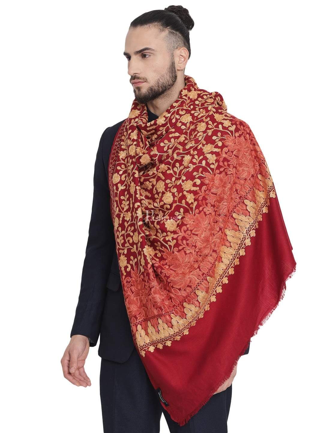 Pashtush Mens Stole, Aari Embroidery, Maroon - Image 3