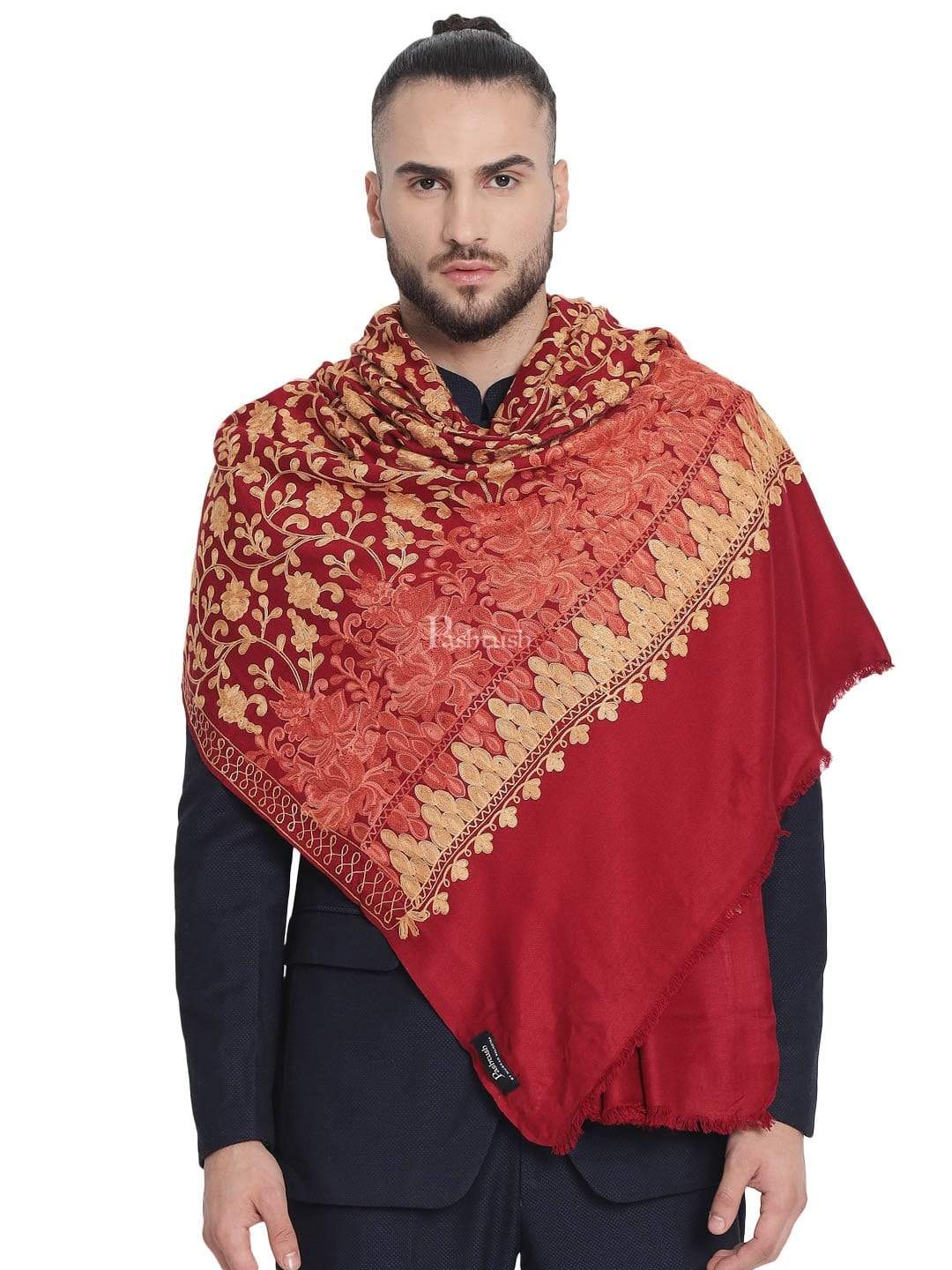 Pashtush Mens Stole, Aari Embroidery, Maroon - Image 4