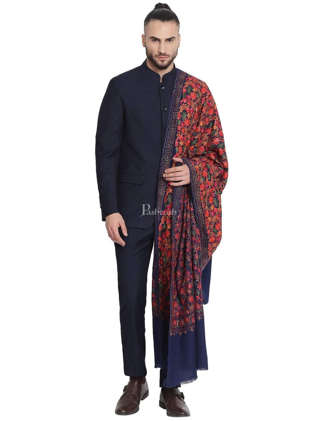 Pashtush Mens Stole, Aari Embroidery, Navy - Image 3
