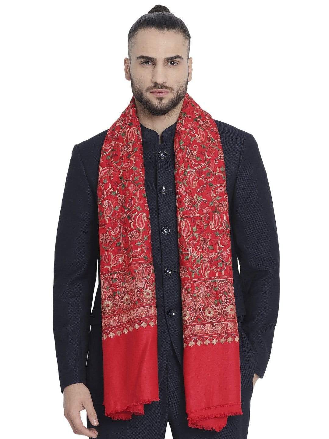 Pashtush Mens Stole, Aari Embroidery, Red - Image 5