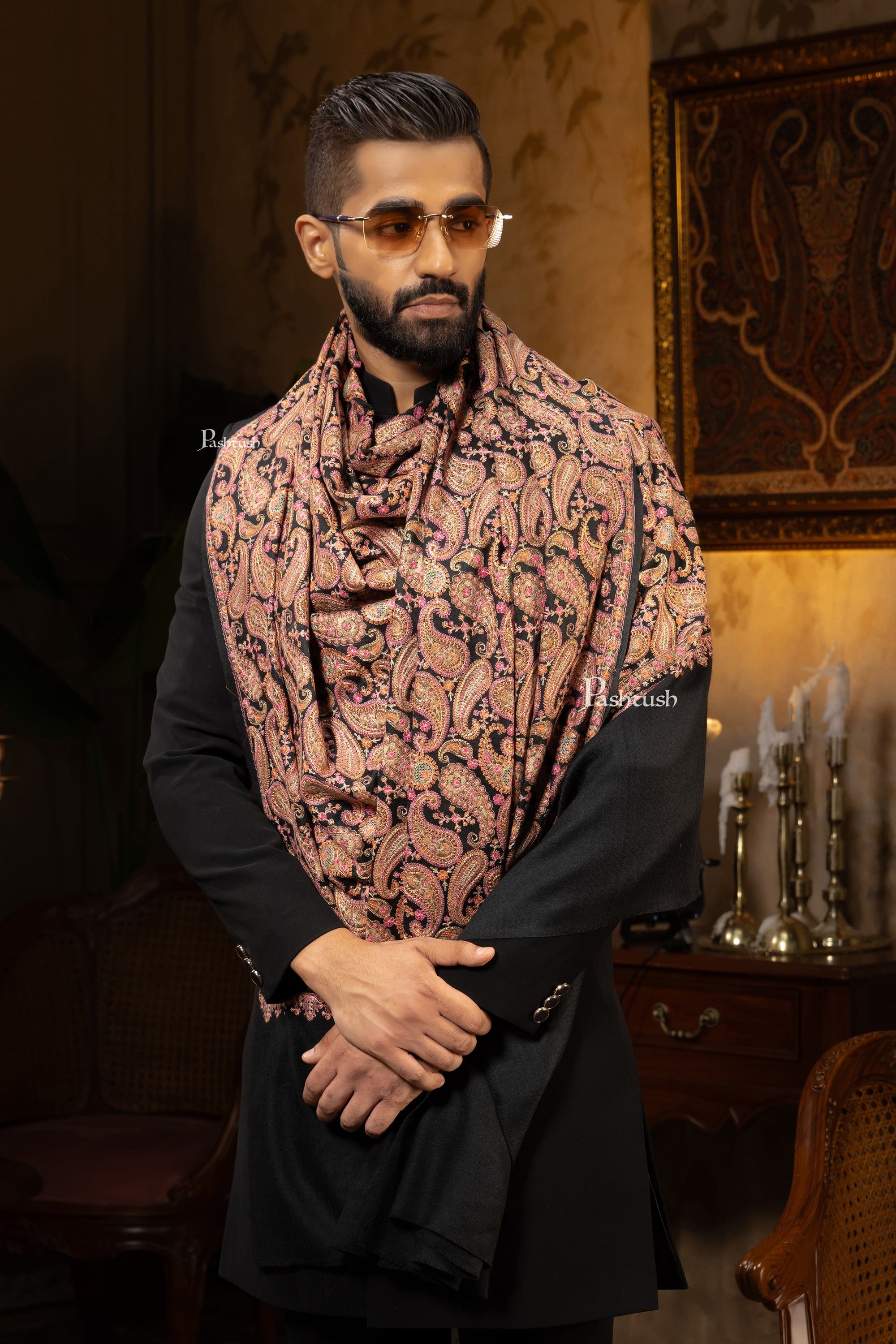 Pashtush Mens Stole, Festive Collection, Fine Wool Kashmiri Embroidery, Rich Black - Image 3